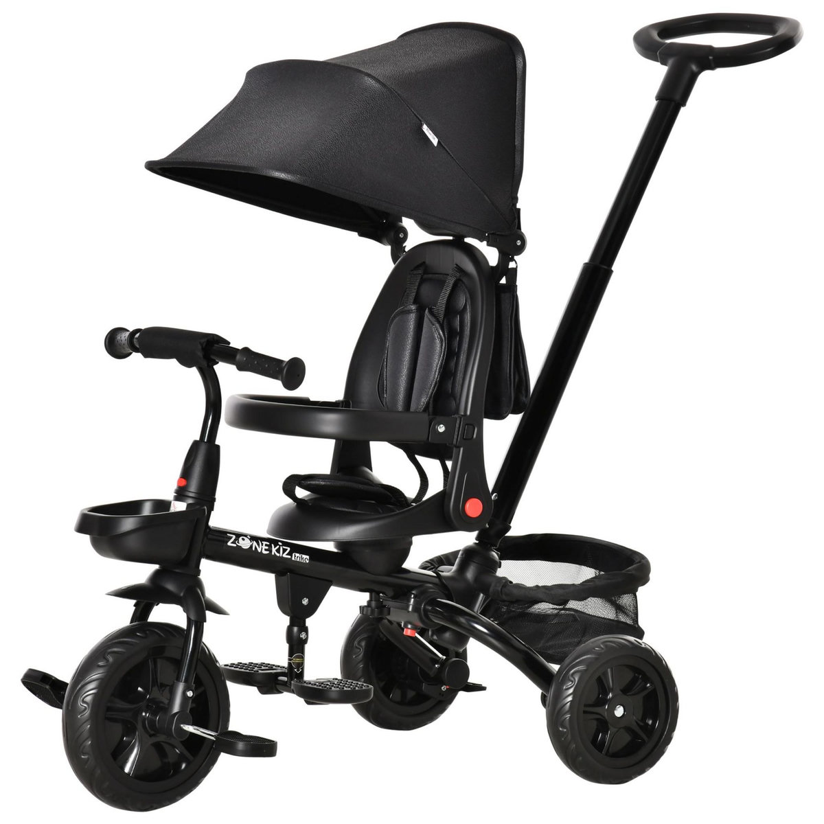 HOMCOM Tricycle enfant évolutif pliable 4 en 1 multifonction - pare-soleil, canne télescopique amovible - siège pivotant, harnais, arceau sécurité - 3 paniers rangement - métal PP noir