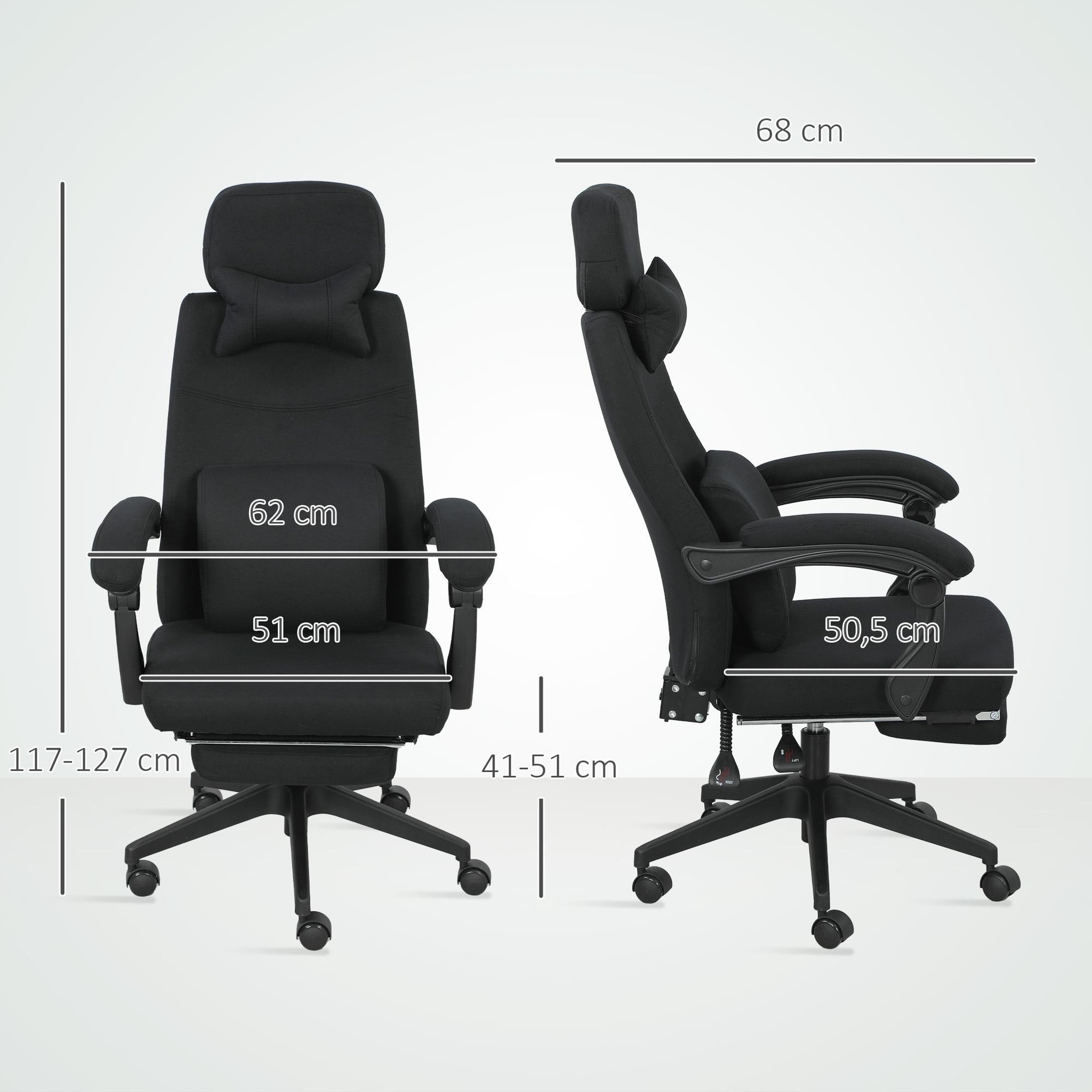 Voir la diapositive 3 : VINSETTO Fauteuil de bureau manager grand confort dossier réglable repose-pied coussin lombaire roulettes 360° lin 62L x 68P x 127H cm noir