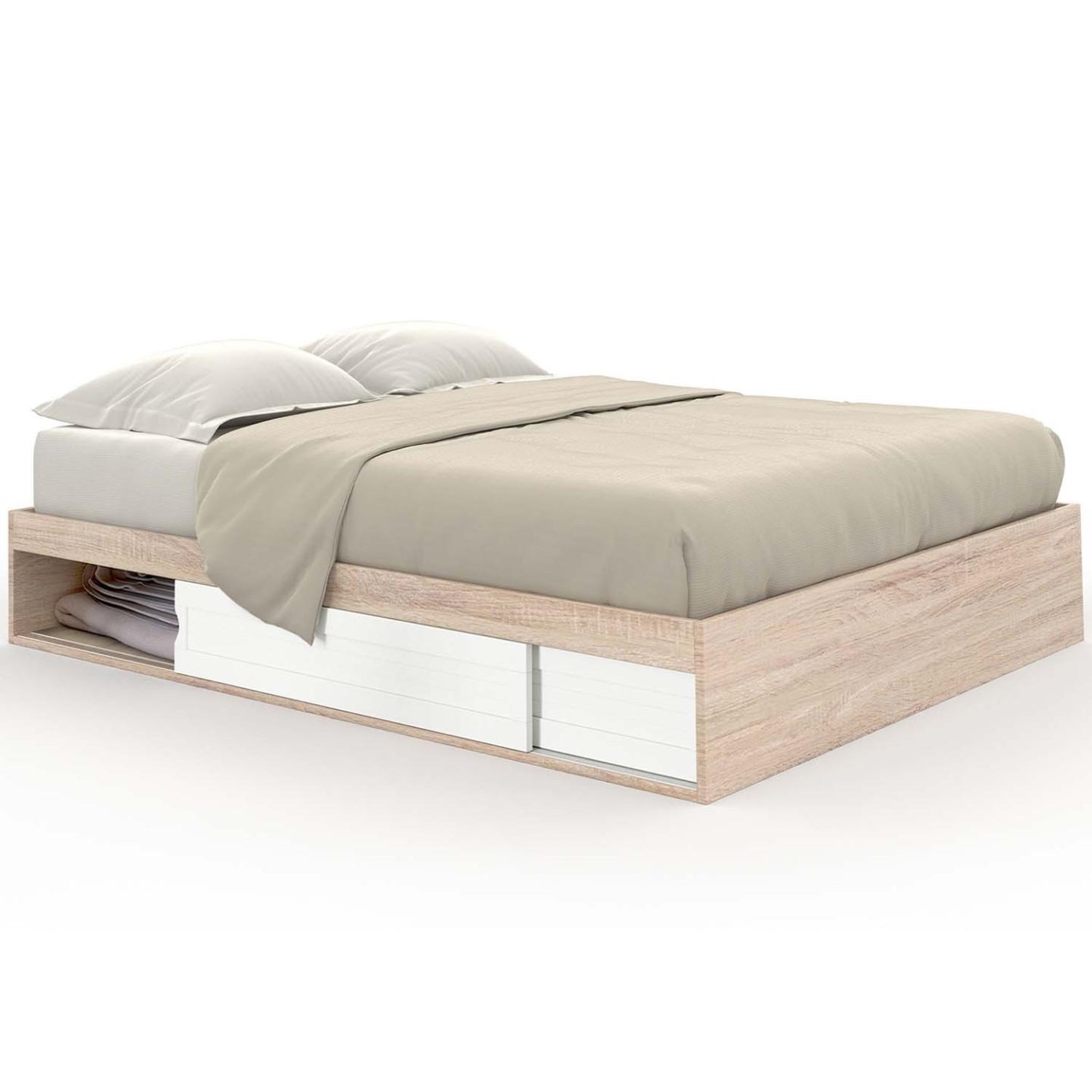 ID MARKET Cadre de lit double salem avec rangements et sommier 140 x 190 cm façon hêtre et blanc