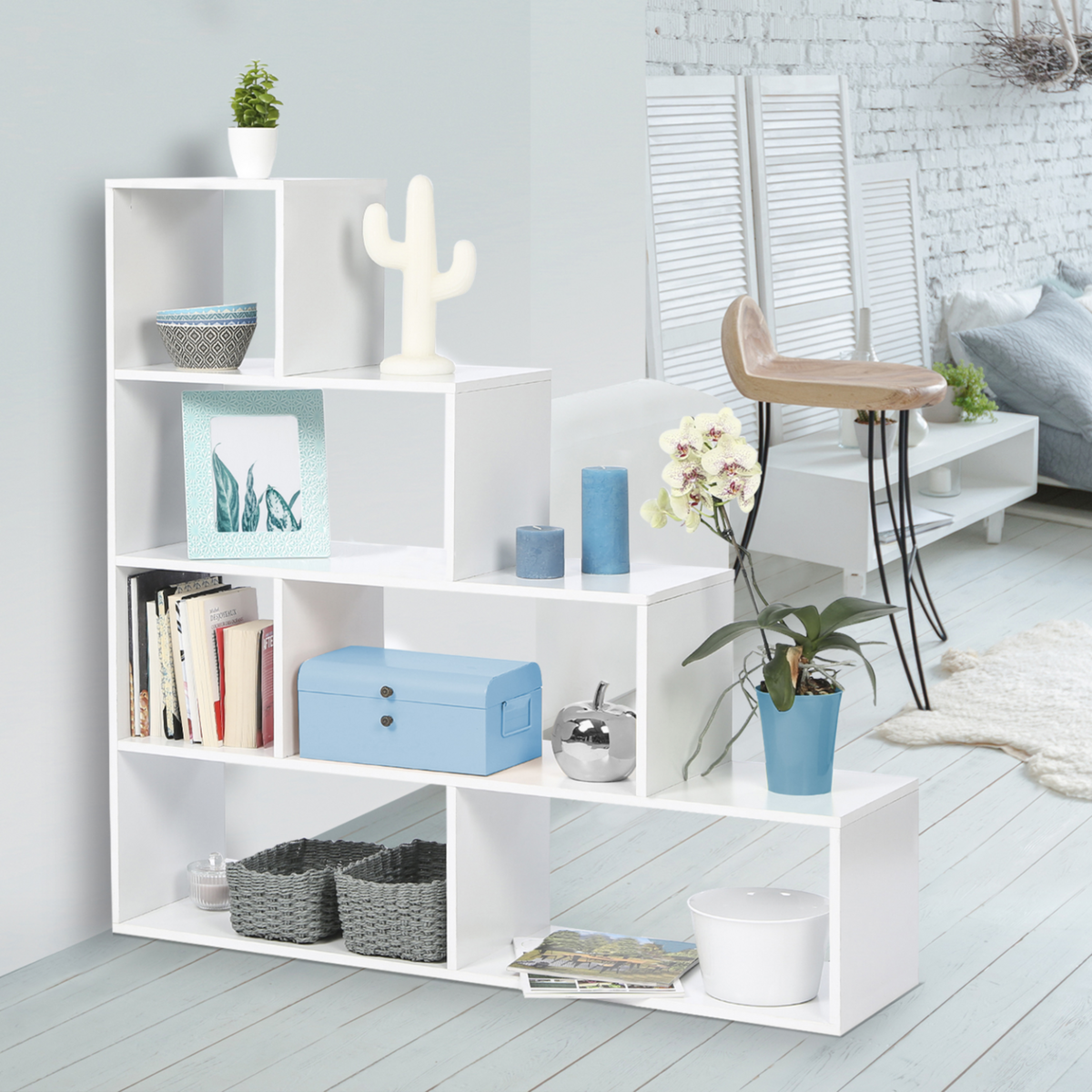 ID MARKET Bibliothèque escalier LINA bois blanc