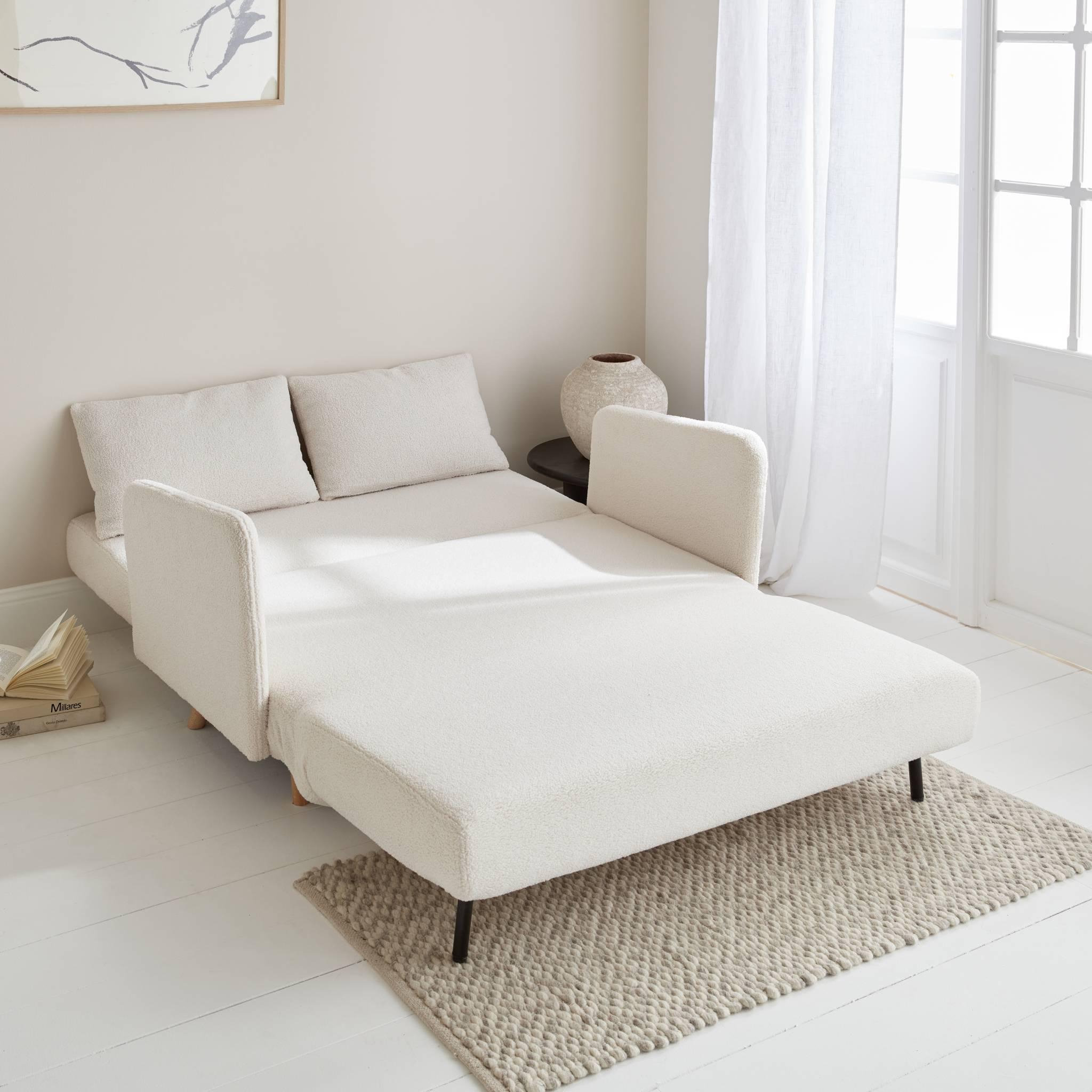 Voir la diapositive 5 : SWEEEK Canapé convertible 2 places scandinave - Panam - pieds bois. bouclettes blanches. banquette. dossier inclinable