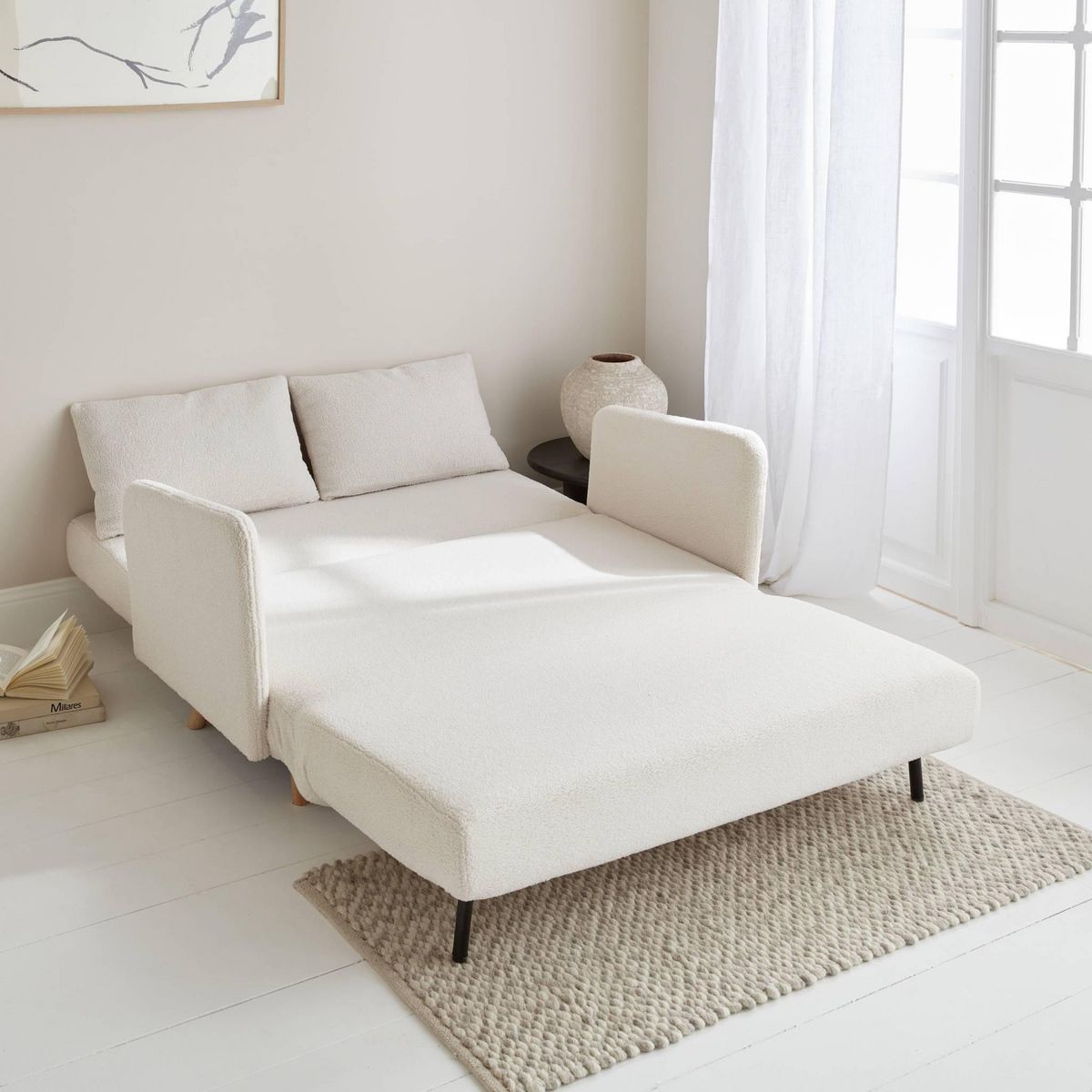 SWEEEK Canapé convertible 2 places scandinave - Panam - pieds bois. bouclettes blanches. banquette. dossier inclinable