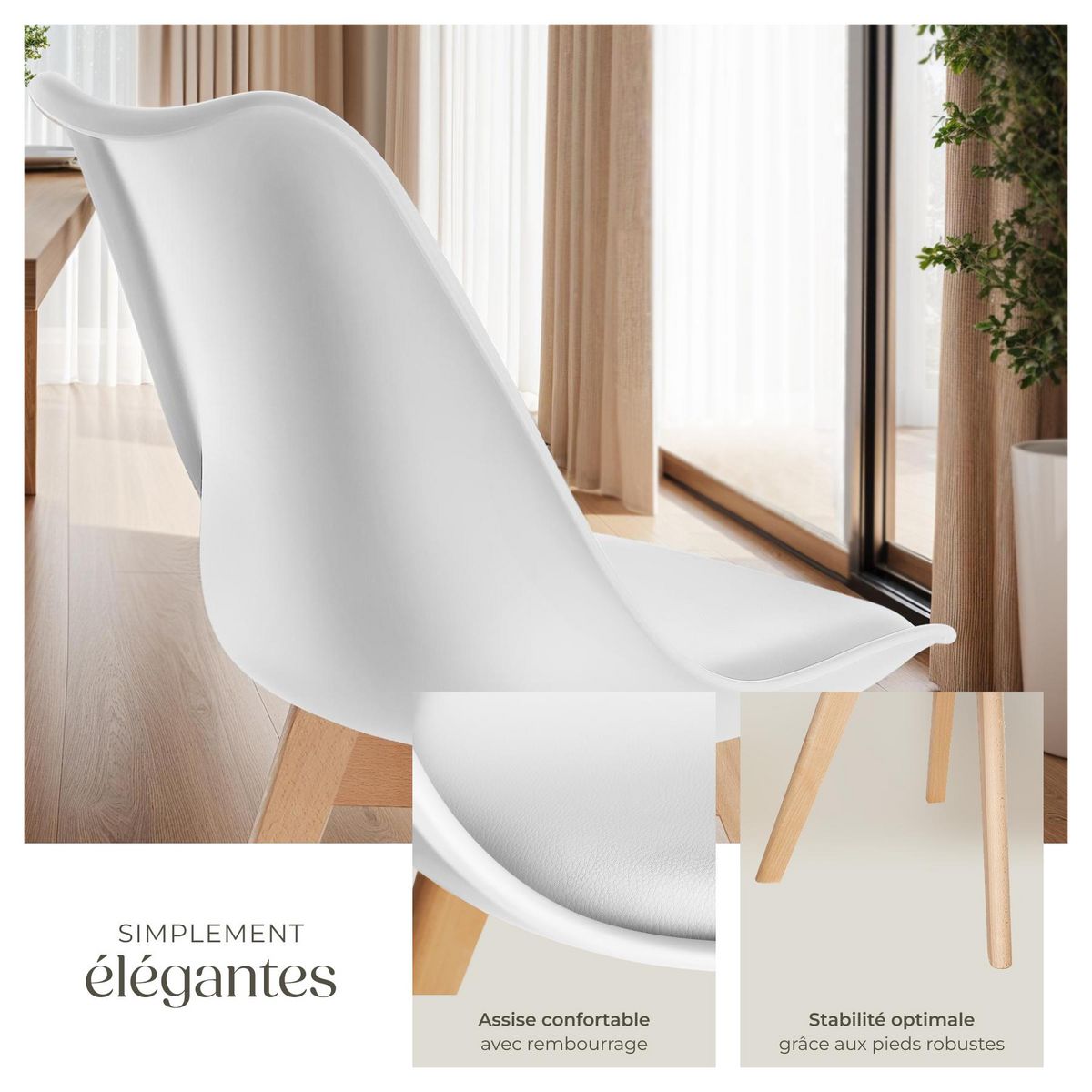 tectake Ensemble de chaises de salle à manger avec siège rembourré blanc/blanc Lot de 2