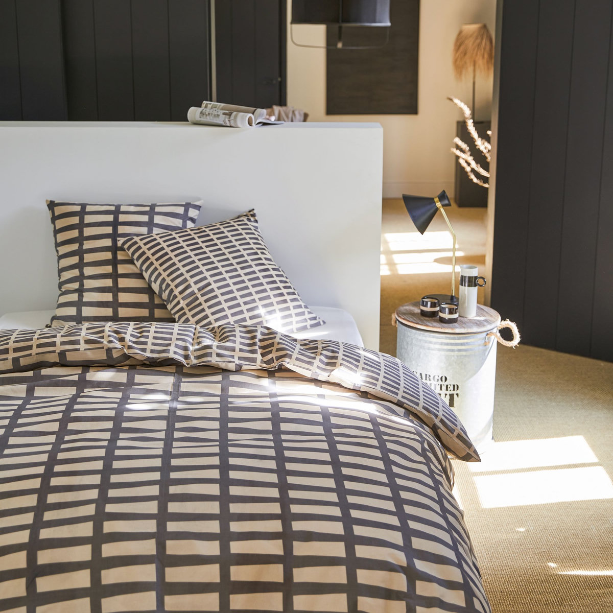 Parure housse de couette en coton 57 fils motif quadrillage 