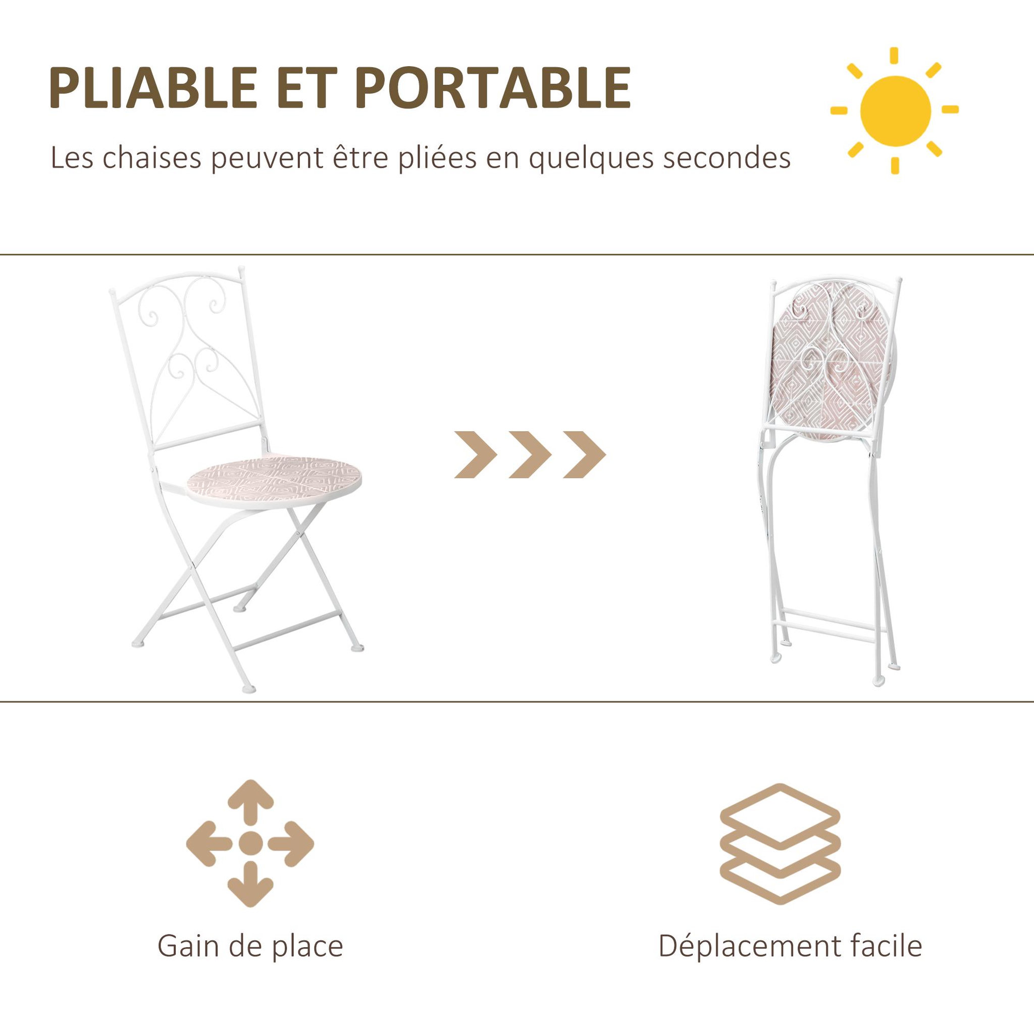 Voir la diapositive 5 : OUTSUNNY Ensemble de jardin bistro 3 pièces 2 chaises pliantes et table ronde - métal époxy, plateau mosaïque - blanc