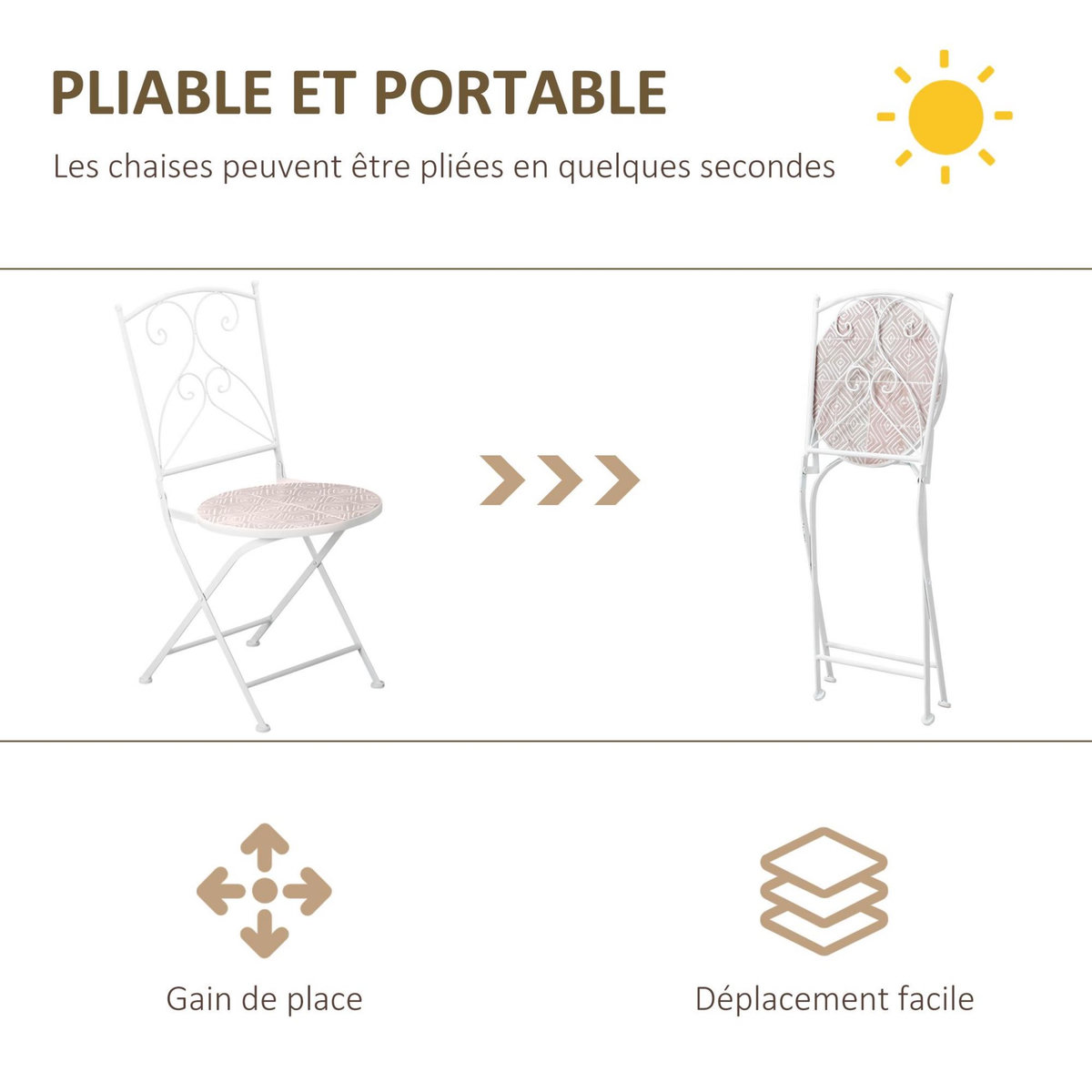 OUTSUNNY Ensemble de jardin bistro 3 pièces 2 chaises pliantes et table ronde - métal époxy, plateau mosaïque - blanc