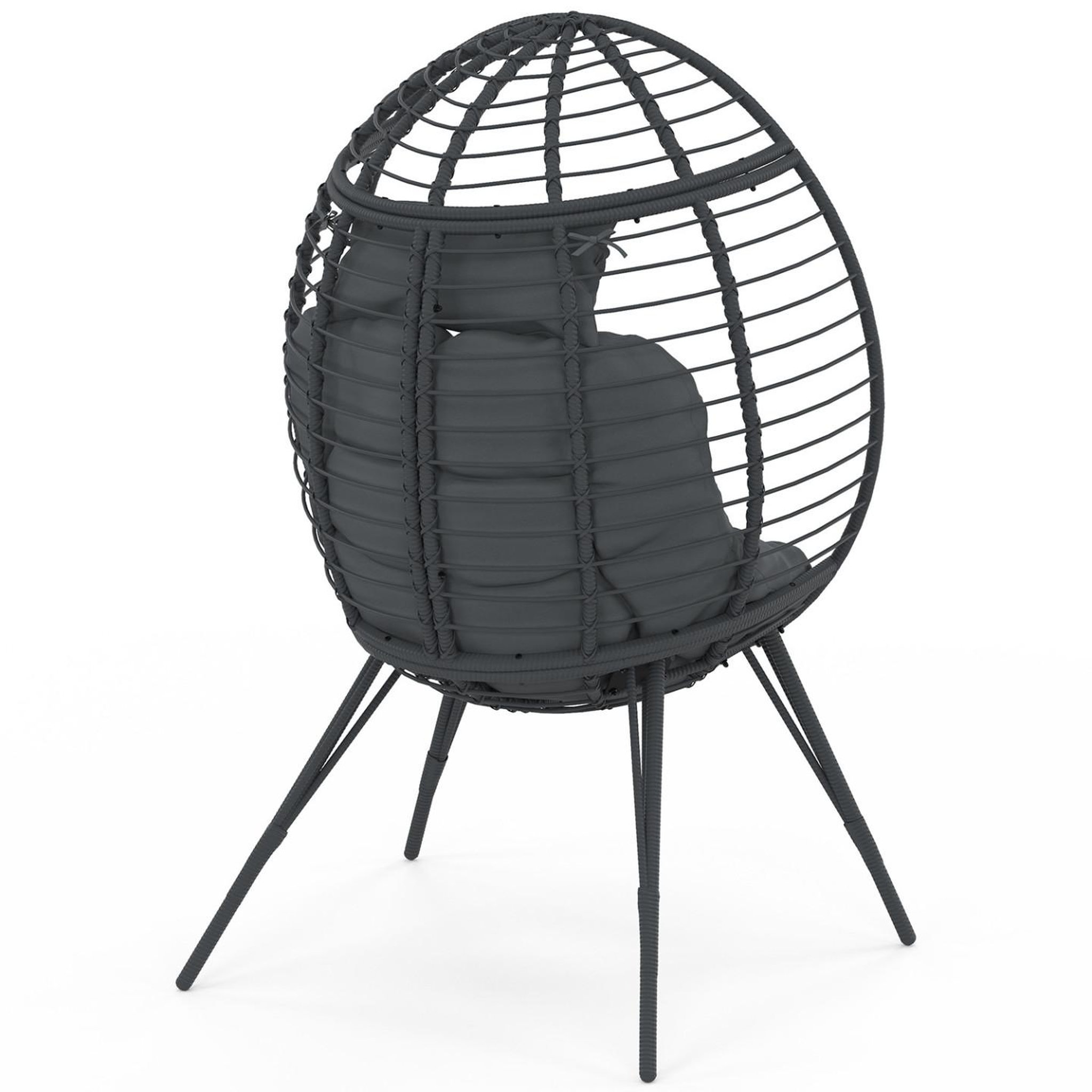 Voir la diapositive 4 : ID MARKET Fauteuil oeuf sur pied ajouré gris effet rotin avec coussin gris