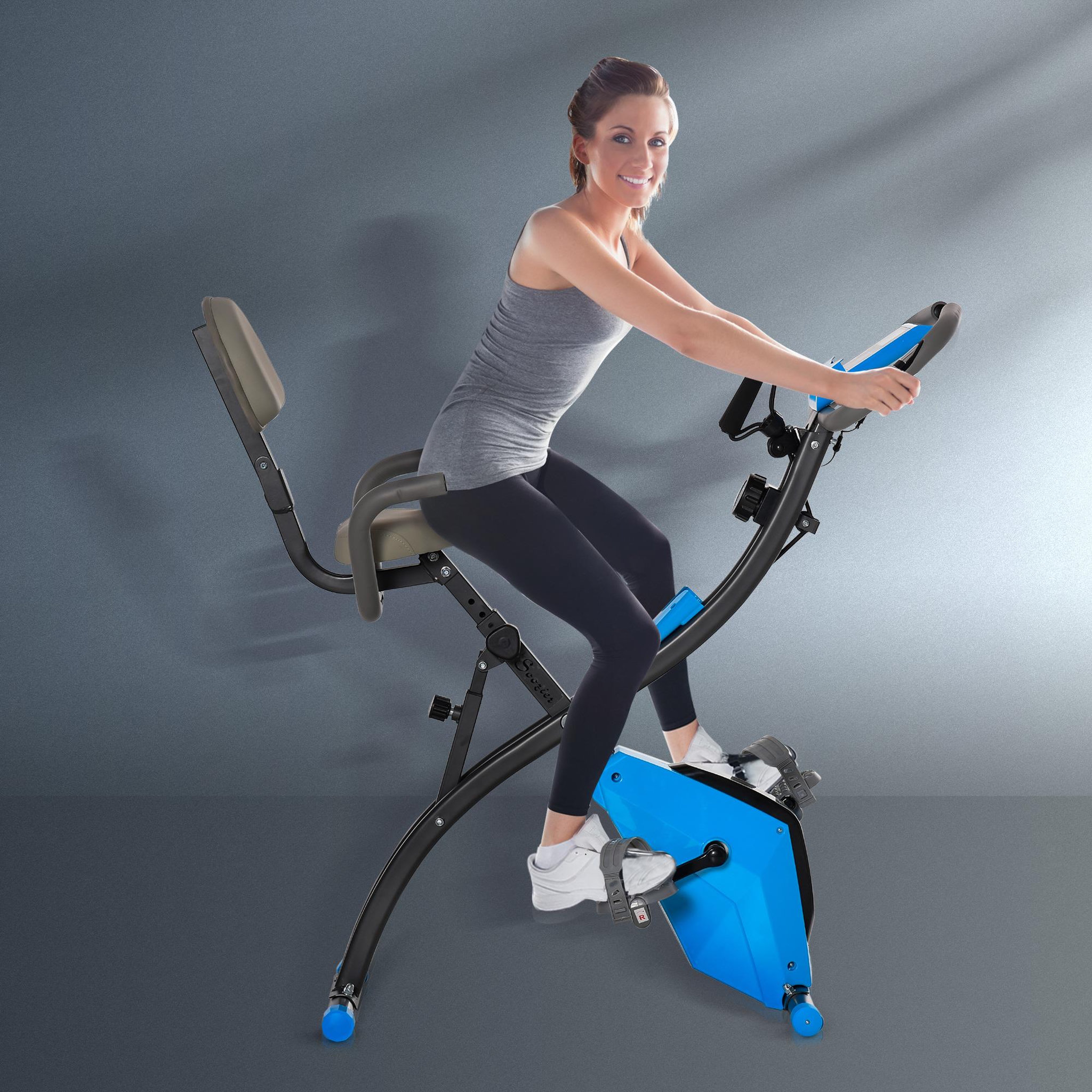 Voir la diapositive 2 : HOMCOM Vélo d'appartement pliant 8 niveaux de résistance magnétique dossier selle réglable poignées ergonomiques écran LCD multifonction suspensions support tablette acier