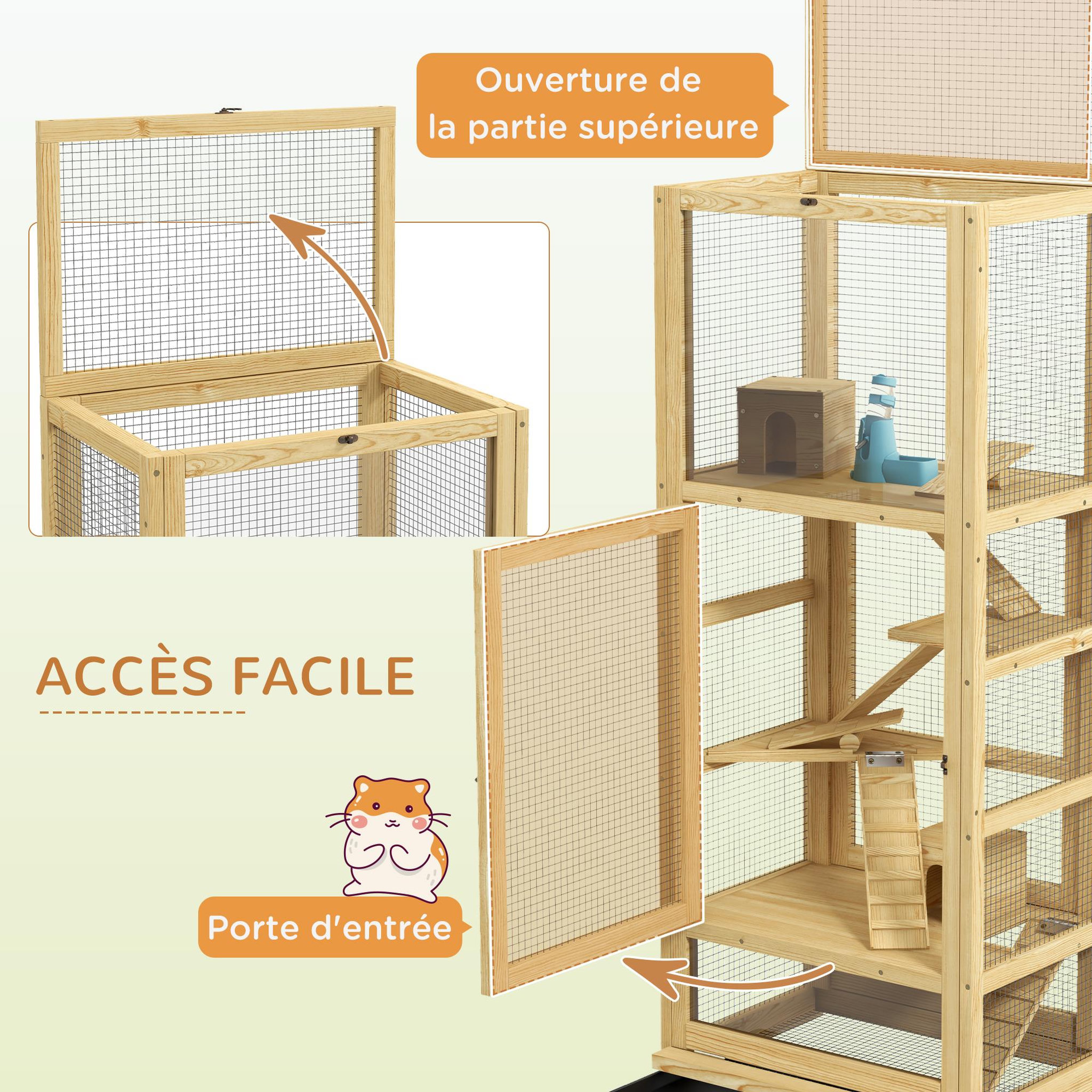 Voir la diapositive 5 : PAWHUT Cage pour rongeurs petits animaux en bois 5 niveaux - échelle, niche, balançoire, plateau amovible, abreuvoir