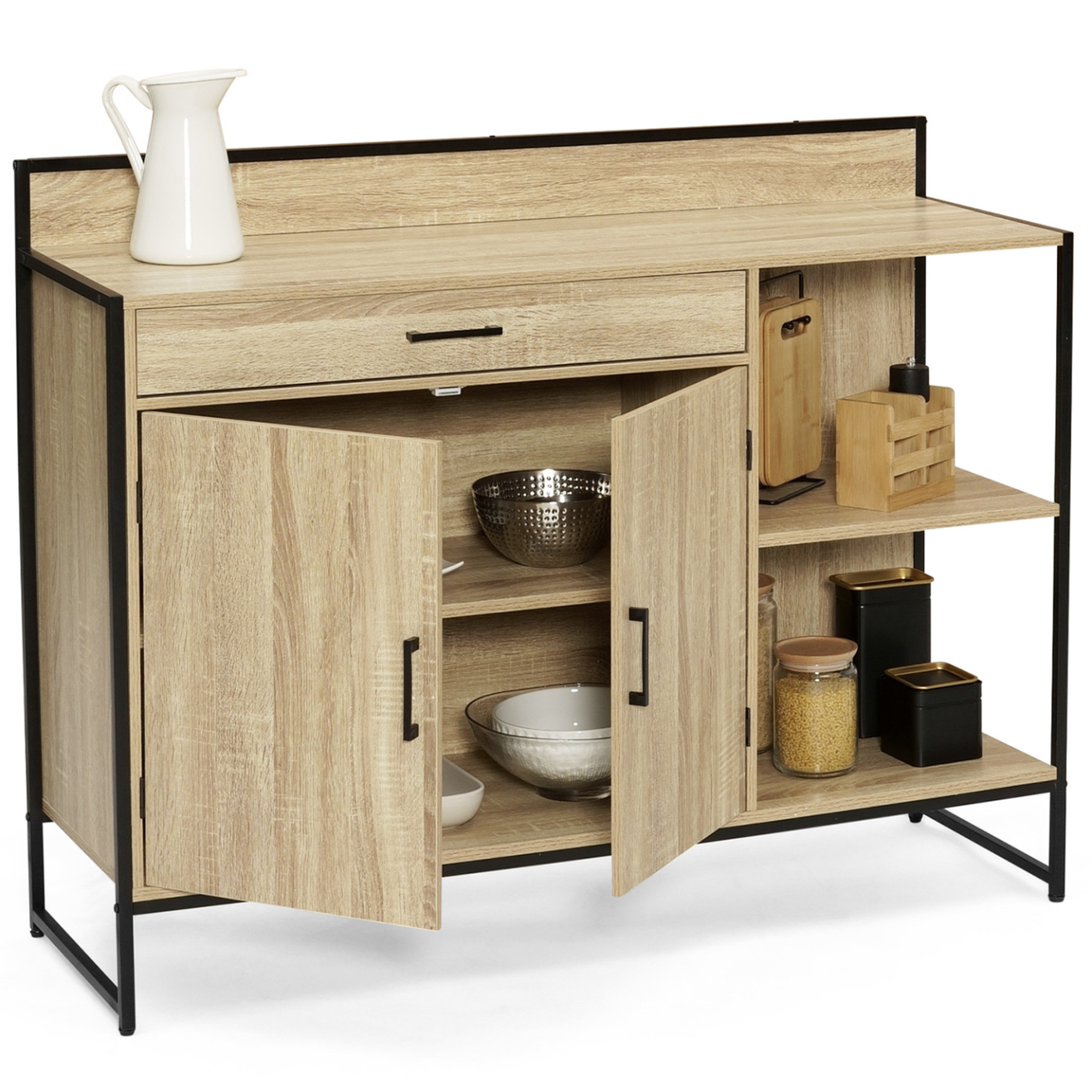 Voir la diapositive 4 : ID MARKET Buffet bas de cuisine 120 cm detroit plan de travail h.83 cm 2 portes + tiroir design industriel