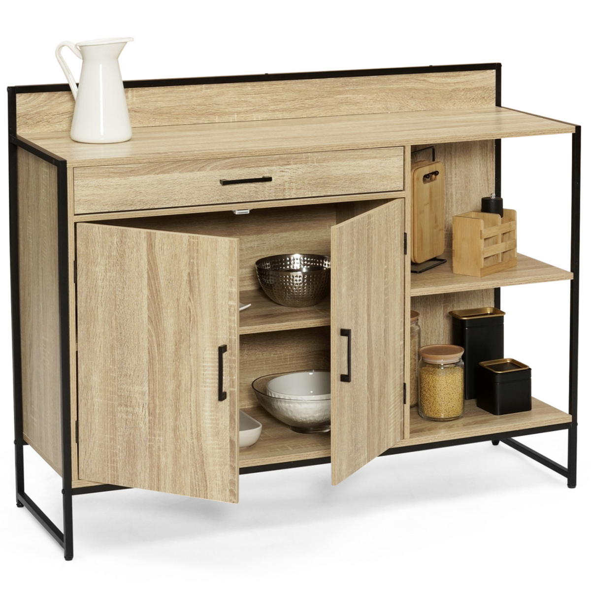 ID MARKET Buffet bas de cuisine 120 CM DETROIT plan de travail H.83 CM 2 portes + tiroir design industriel