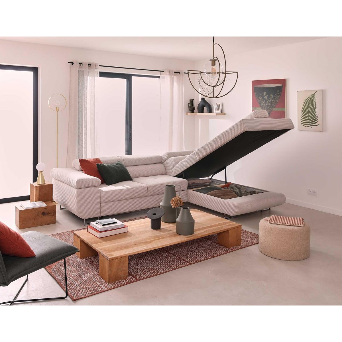 BEST MOBILIER Zaria - canapé d'angle droit - convertible avec coffre et têtières réglables - 5 places - en velours côtelé