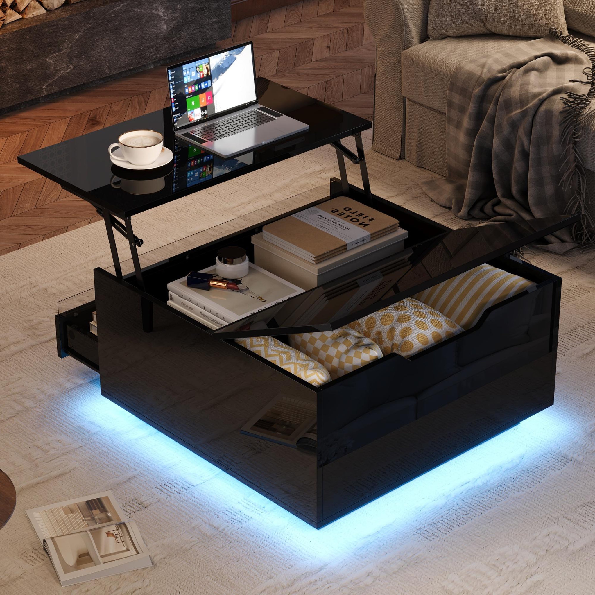 Voir la diapositive 5 : MERAX Table basse relevable carrée noir - 70x70 cm led panneau de particules