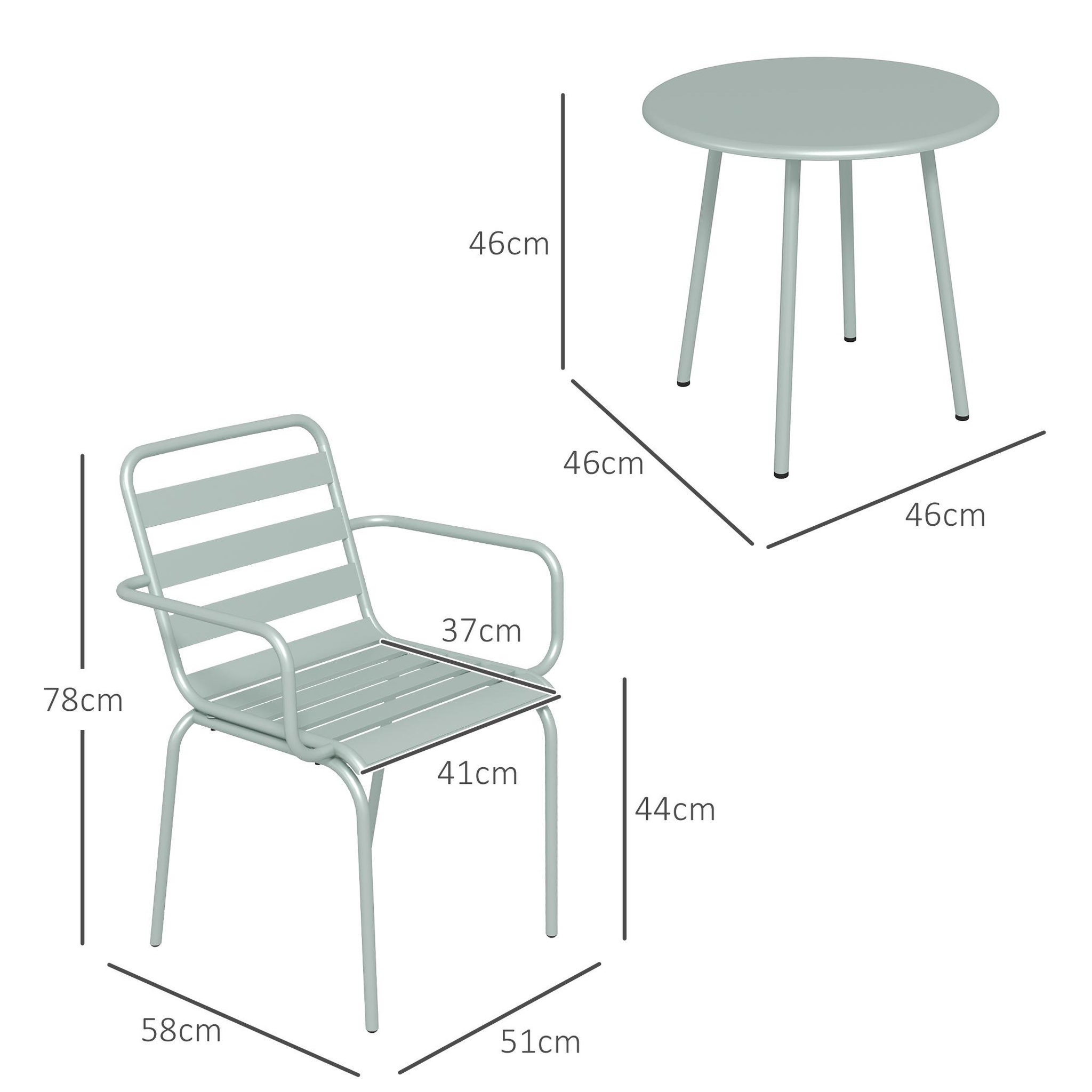 Voir la diapositive 3 : OUTSUNNY Salon de jardin bistro - table basse ronde Ø 60 cm 2 chaises empilables - acier thermolaqué vert de gris