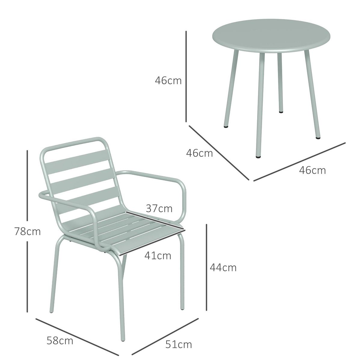 OUTSUNNY Salon de jardin bistro - table basse ronde Ø 60 cm 2 chaises empilables - acier thermolaqué vert de gris