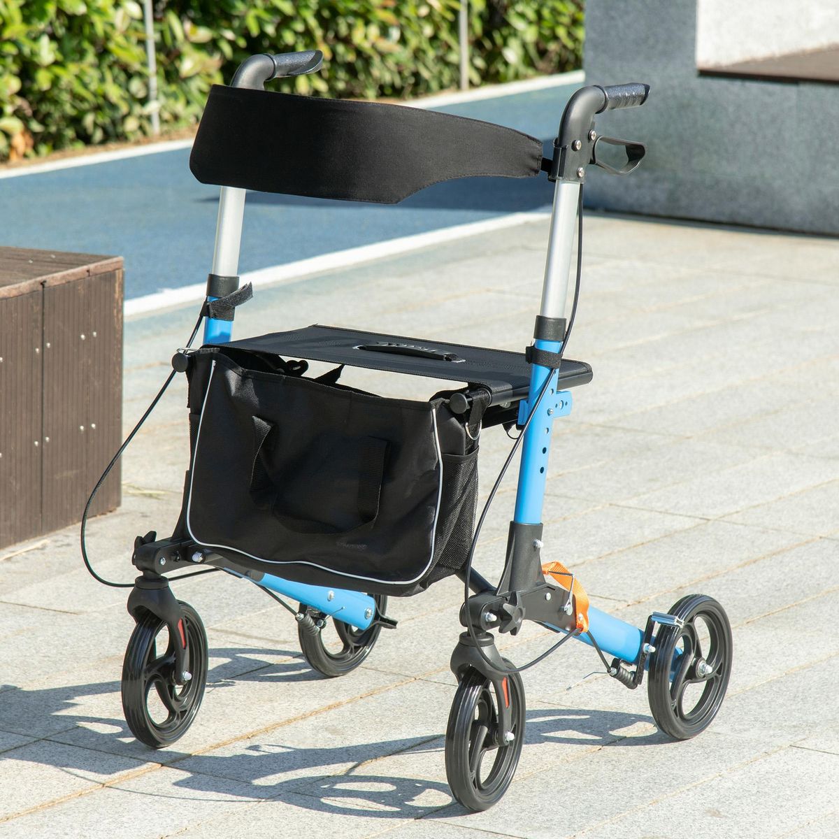 HOMCOM Déambulateur 4 roues - pliable, léger - assise, dossier, poignées ergonomiques réglables, frein à main - sacoche rangement - alu. bleu noir