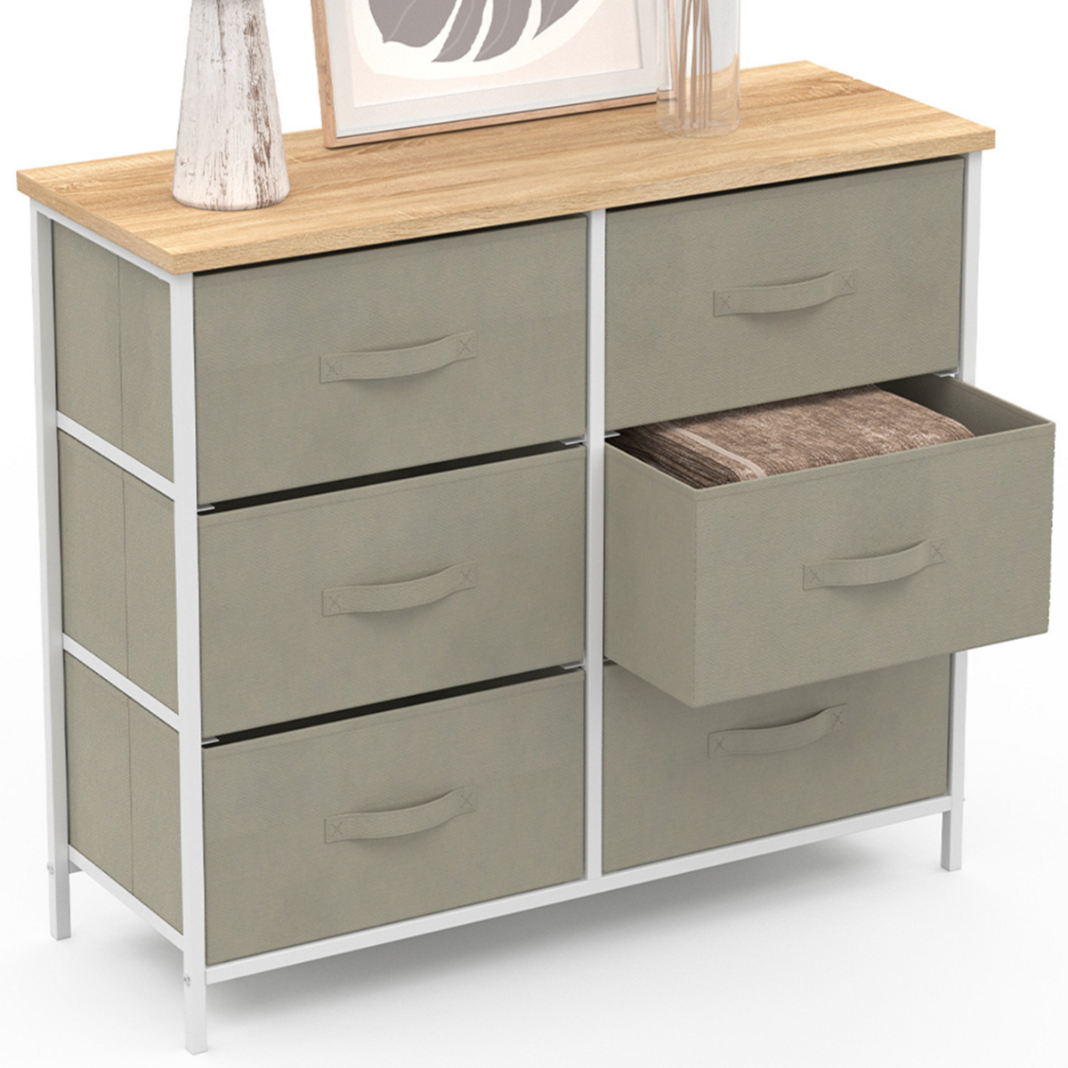ID MARKET Commode 6 tiroirs en tissu ALTA 80 cm gris clair et plateau effet bois design industriel