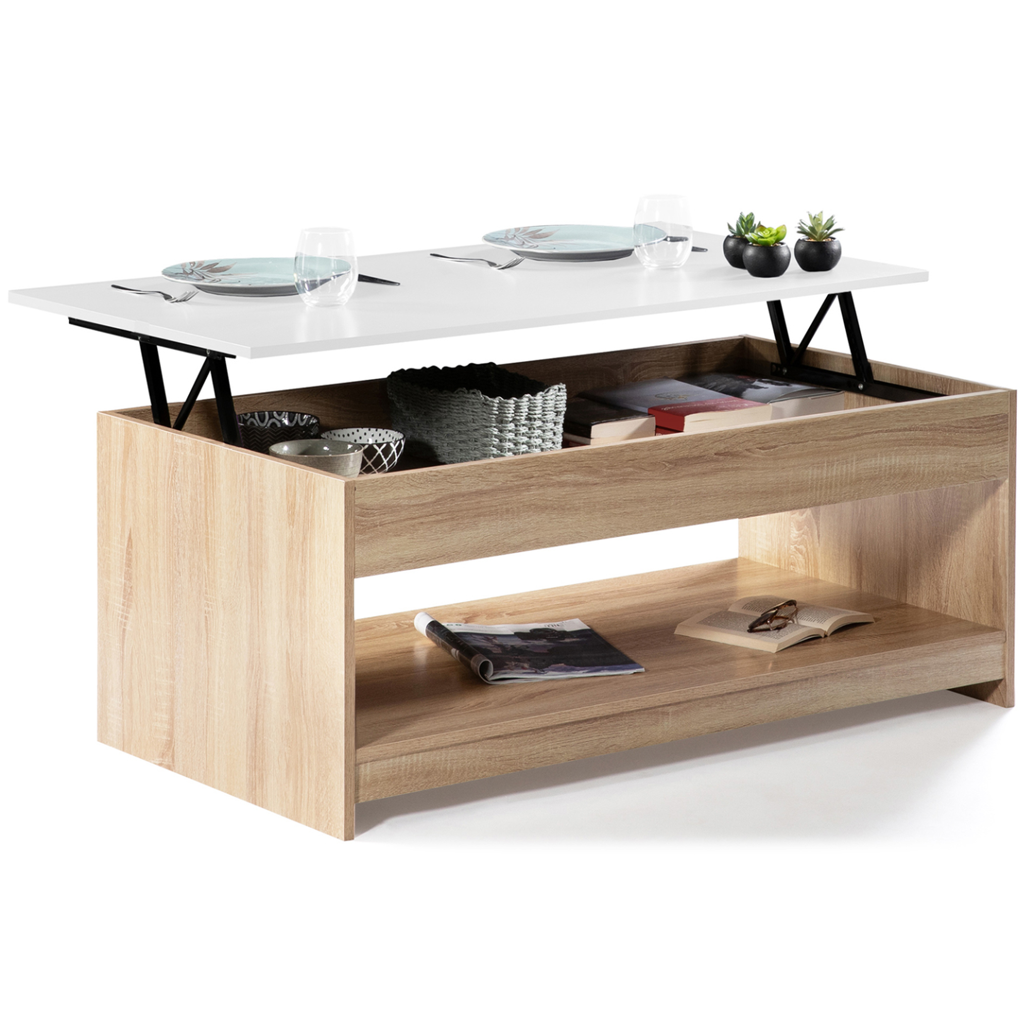 ID MARKET Table basse plateau relevable rectangulaire soa bois imitation hêtre plateau blanc