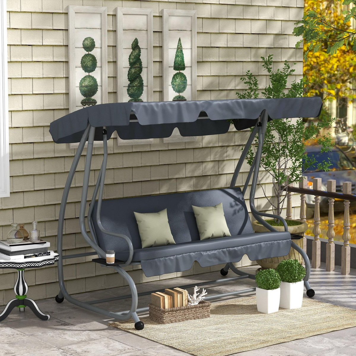 OUTSUNNY Balancelle de jardin 3 places convertible toit inclinaison réglable 2 tablettes support coussins acier polyester gris