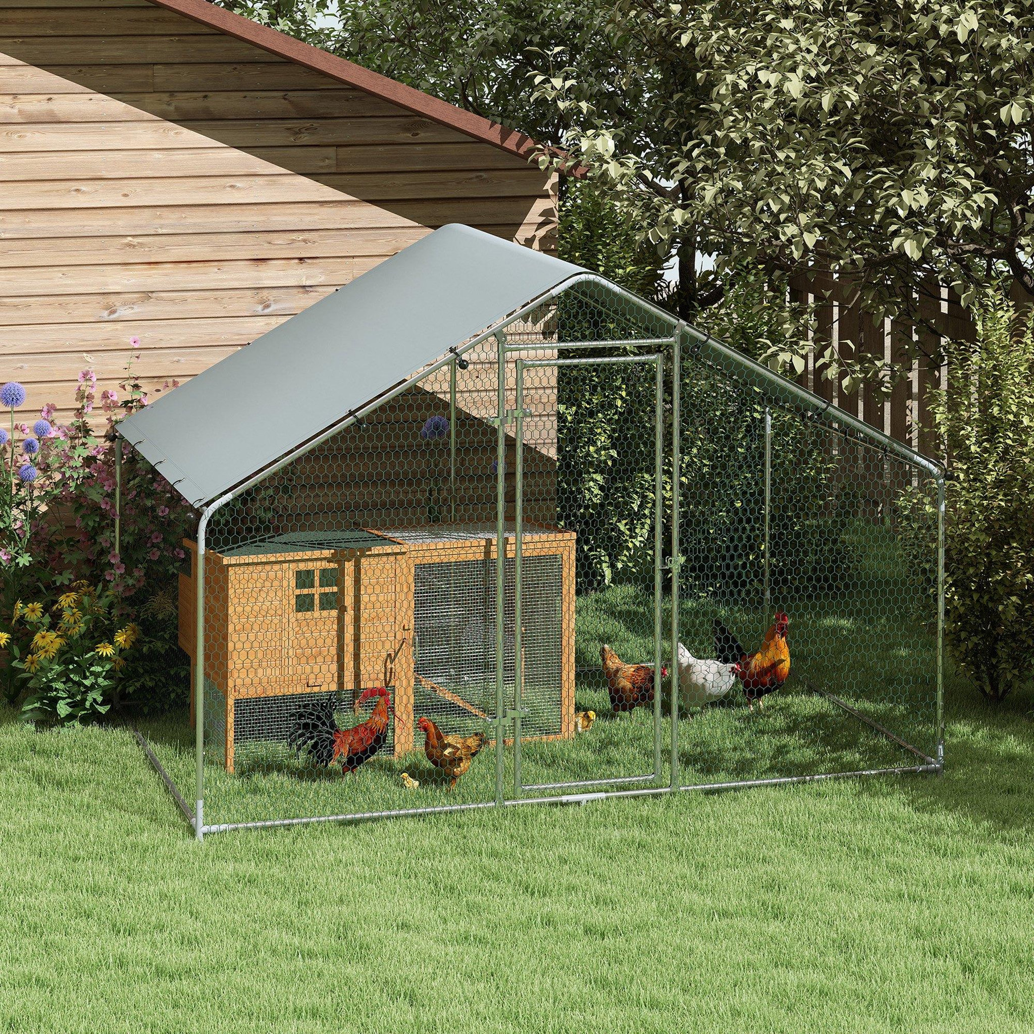 Voir la diapositive 5 : PAWHUT Enclos poulailler chenil 5,1 m² couvert - parc grillagé dim. 3L x 1,7l x 1,9H m - porte - acier galvanisé oxford gris