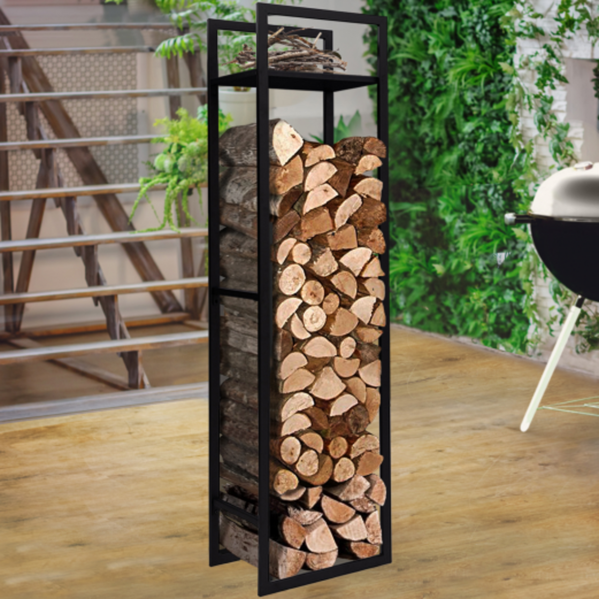 ID MARKET Range bûches vertical acier noir avec étagère H.170 CM pour cheminée