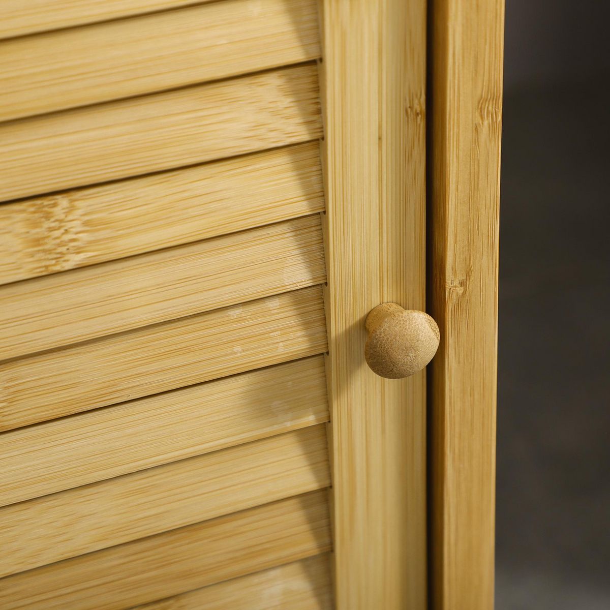 KLEANKIN Meuble bas salle de bain rangement salle de bain 1 porte 2 étagères bois bambou verni