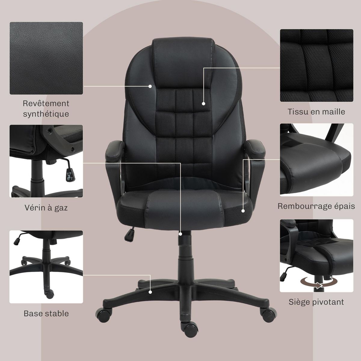 HOMCOM Chaise de bureau manager ergonomique - hauteur réglable, fonction à bascule, pivotant - PU polyester noir