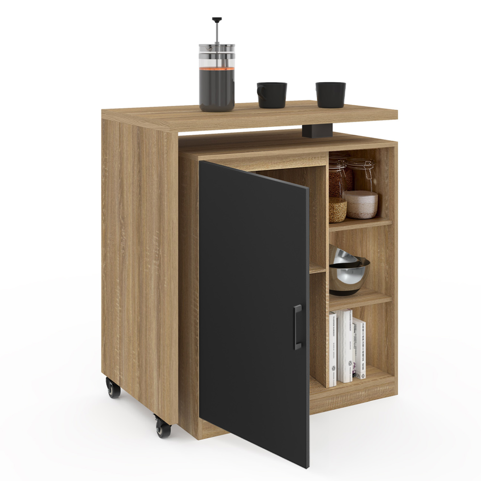 Voir la diapositive 5 : ID MARKET Ilot rotatif polo meuble de bar pivotant 2 en 1 imitation hêtre porte noire