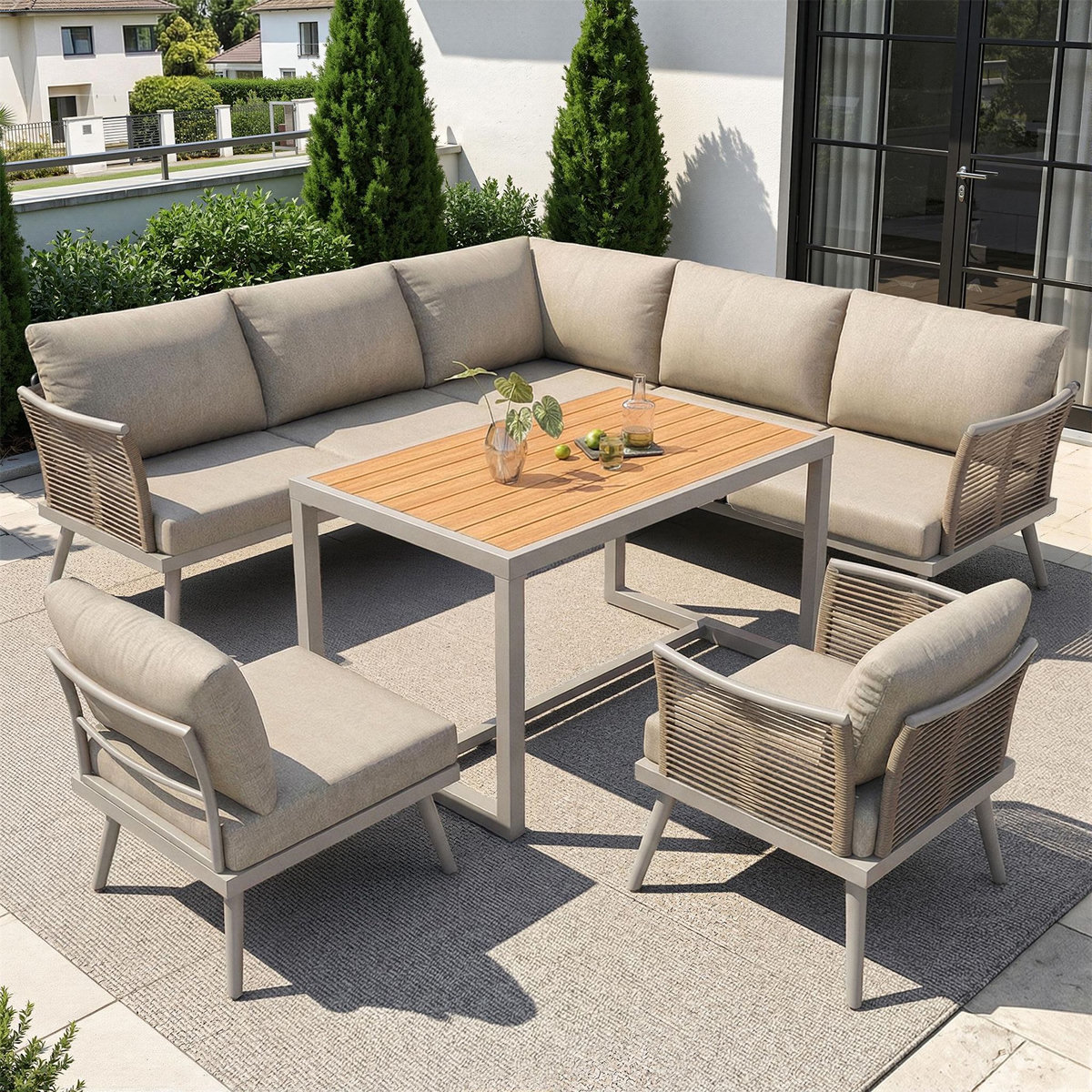 MERAX Salon de jardin repas 7 places en métal avec table, canapé d'angle et fauteuils