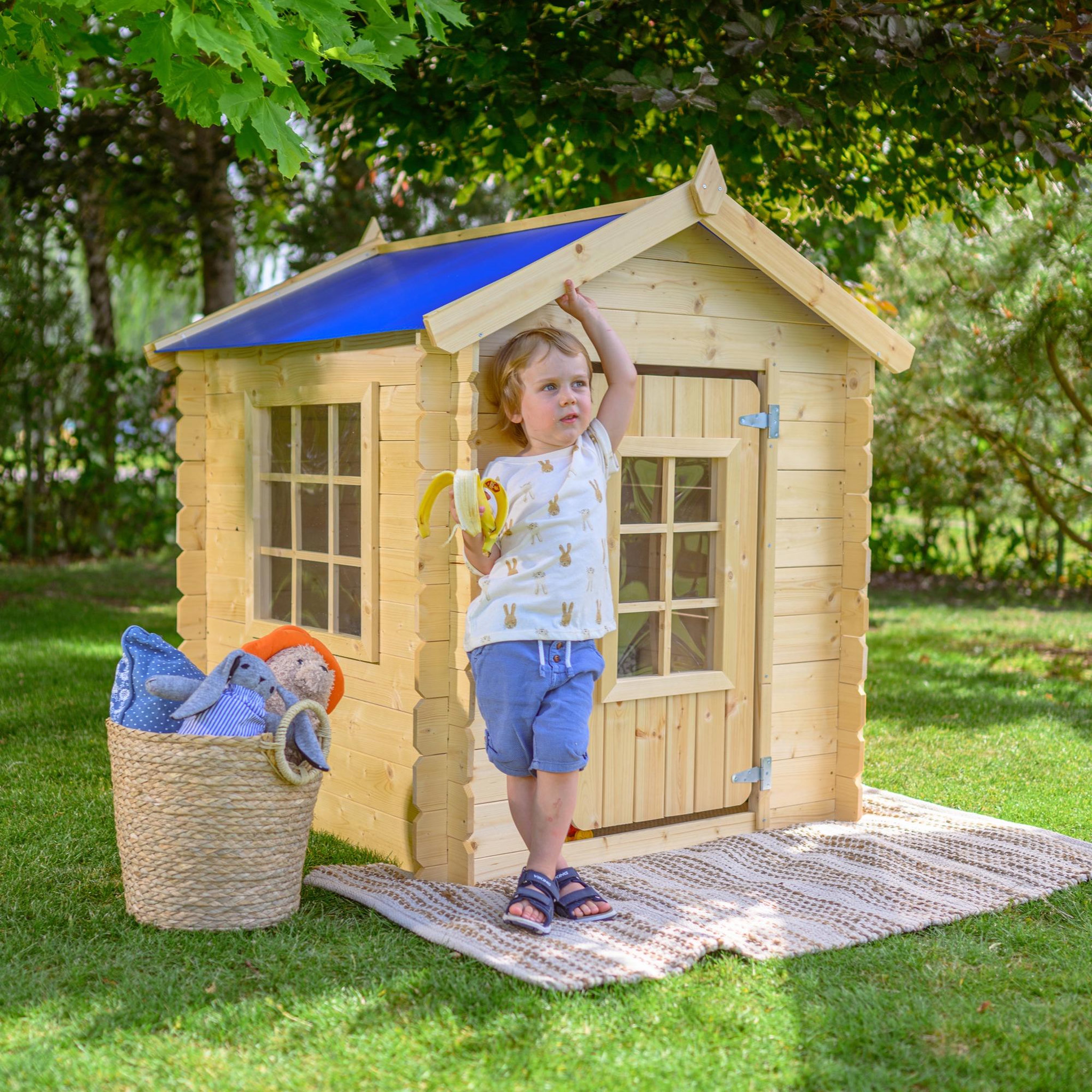 Voir la diapositive 4 : TIMBELA Maison en bois pour enfants toit bleu maison de jeux pour l'extérieur 111x114x121cm/0.9 m2 m570m-1