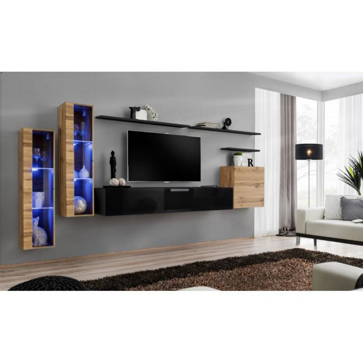 Paris Prix Meuble TV Mural Design  Switch XI  330cm Naturel & Noir