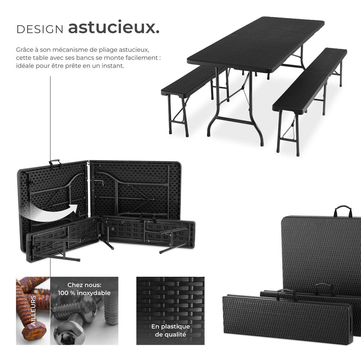 tectake Ensemble de table de camping pliable noir-aspect rotin