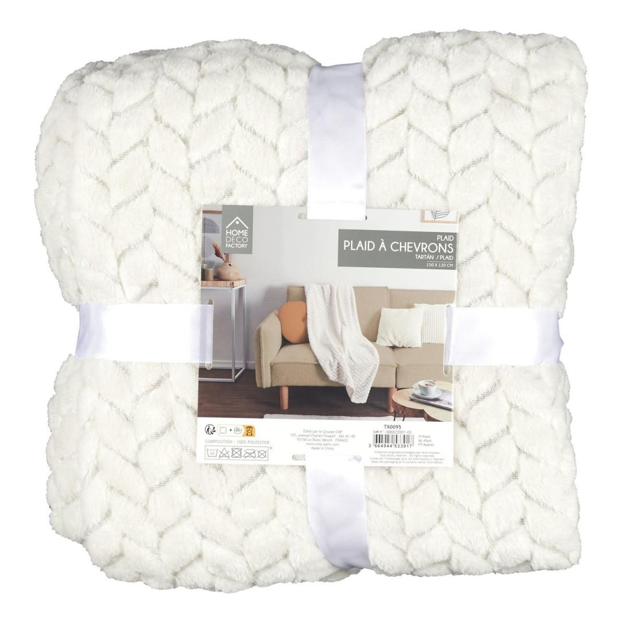 Voir la diapositive 5 : The Home Deco Factory Plaid effet chevron  crush  120x150cm crème