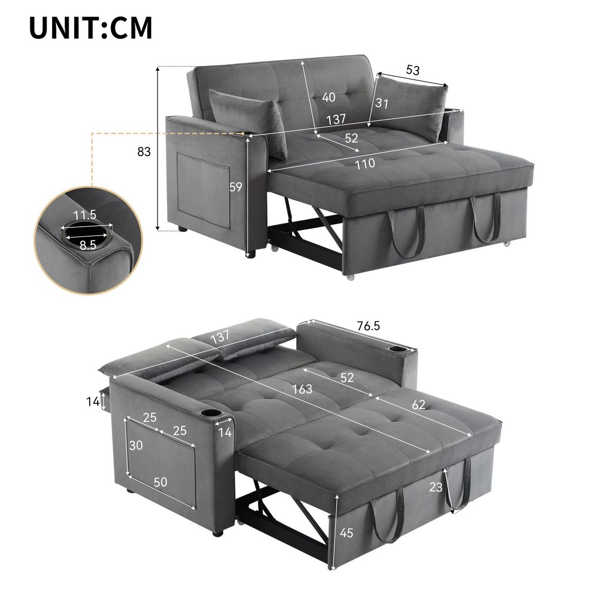 MERAX Canapé Convertible 2 Places Avec 2 Porte-gobelets Velours Gris