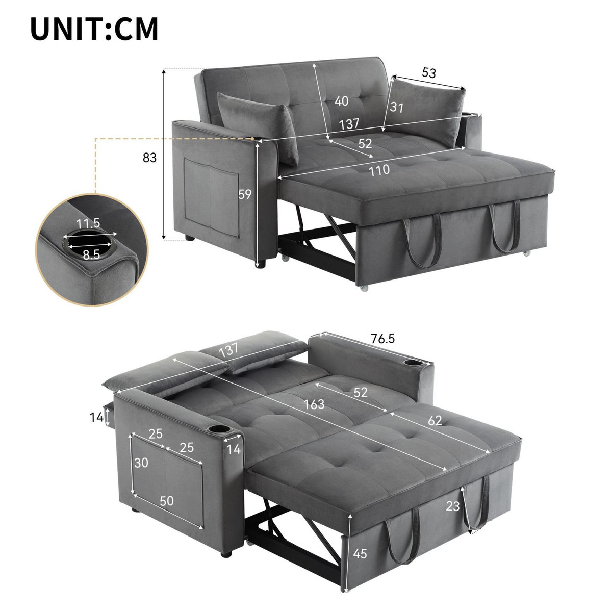 MERAX Canapé Convertible 2 Places Avec 2 Porte-gobelets Velours Gris