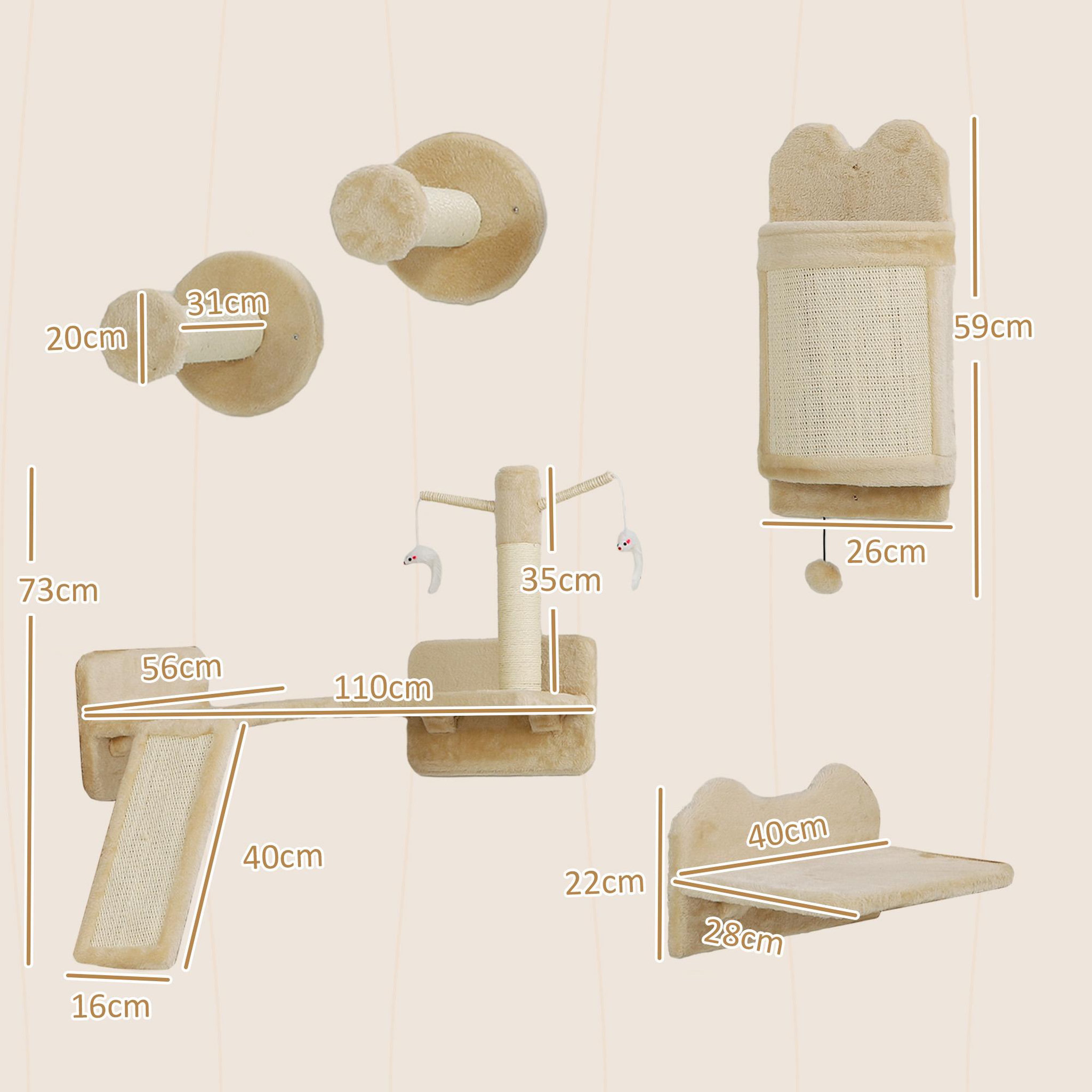 Voir la diapositive 3 : PAWHUT Mur d'escalade pour chat - arbre à chat design mural - griffoirs, grattoirs, jeux - sisal naturel peluche beige