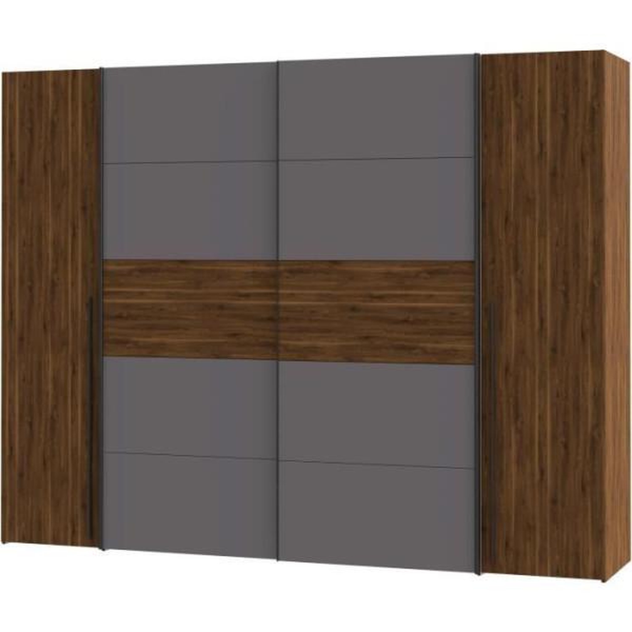 Voir la diapositive 5 : MARKET24 Armoire NARAGO - Décor Noyer Bakersfield et gris - 2 portes coulissantes + 2 portes battantes - L270 x P61 x H210 cm