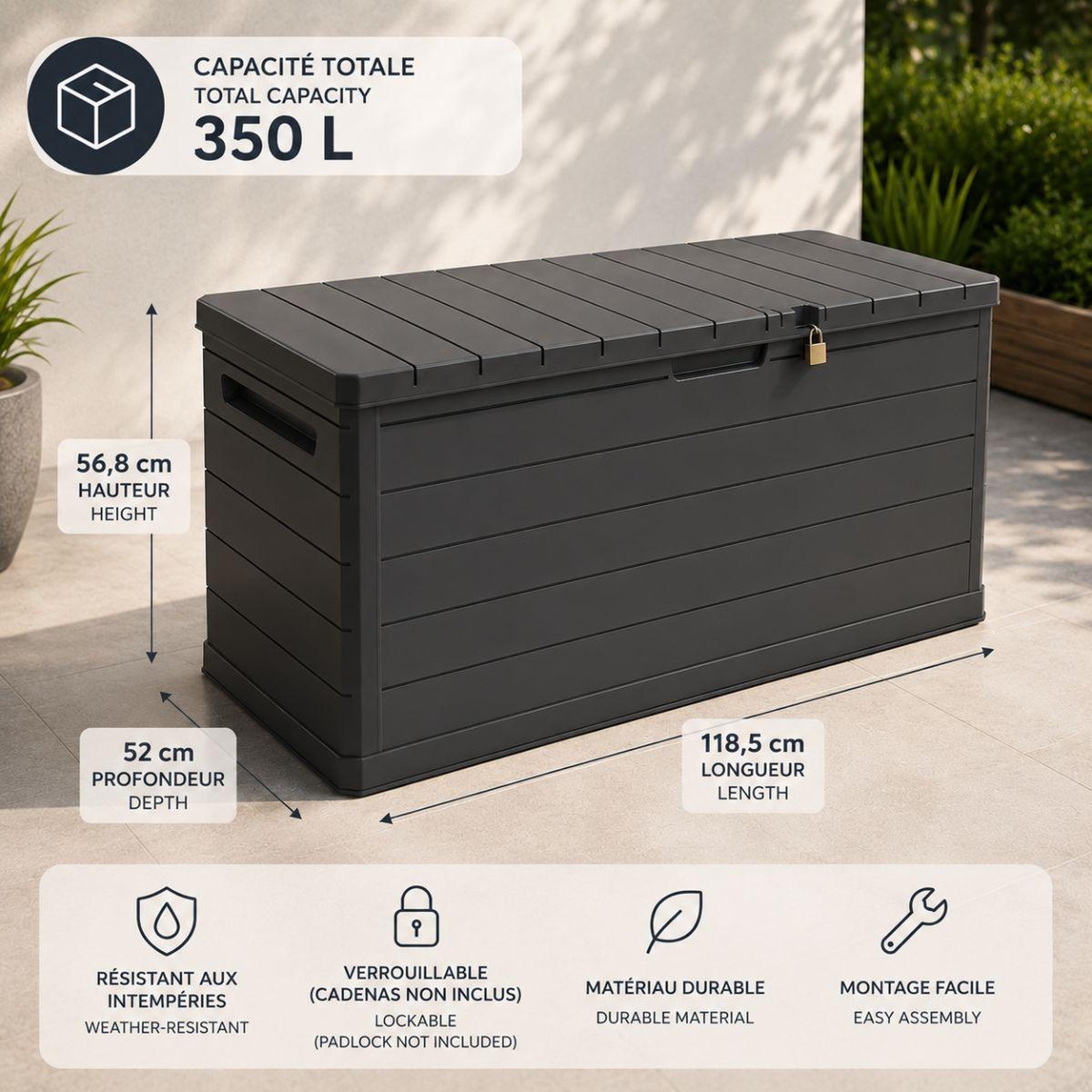 Voir la diapositive 5 : ART PLAST Coffre de rangement extérieur 350L - Coffre de Jardin Gris 118.5x52x57cm - Poignées de transport - Résistant à l'eau ArtPlast