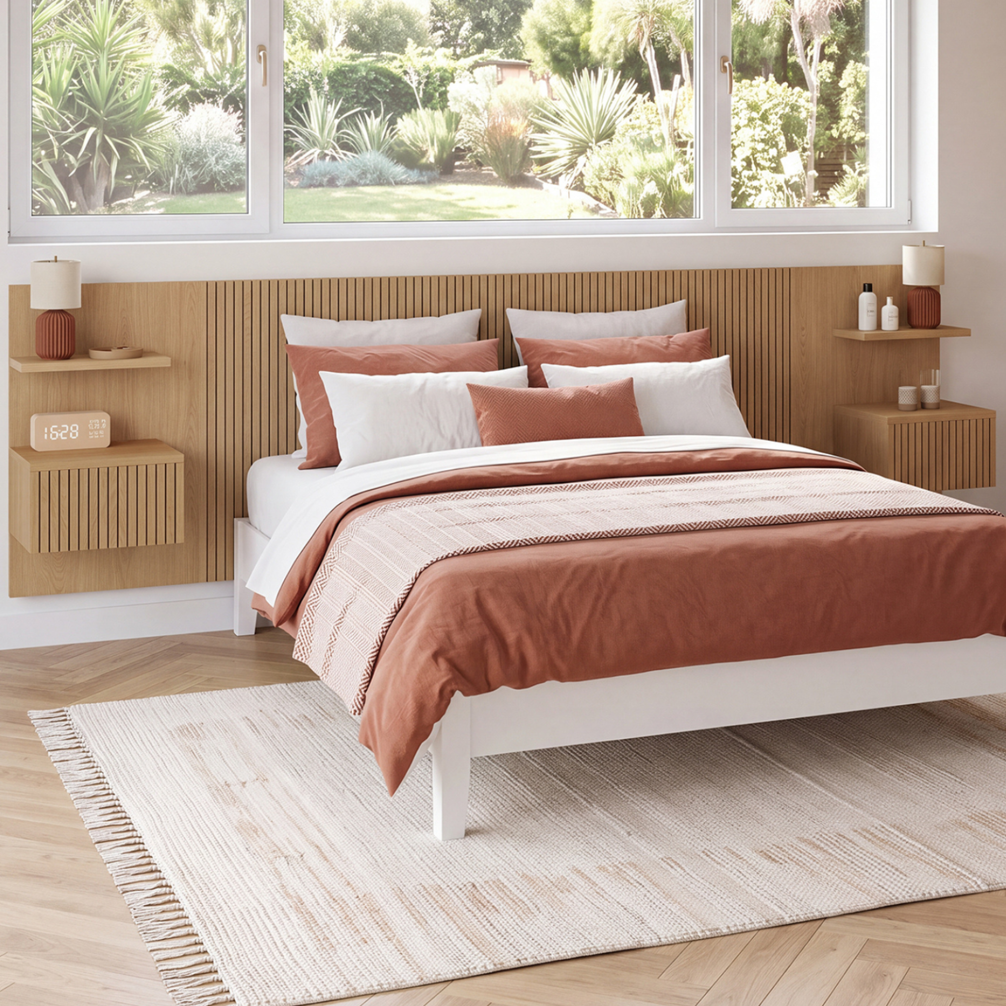 Voir la diapositive 2 : ID MARKET Tête de lit suspendue JULIETTE 240 cm avec chevets + tiroir effet lattes tasseau bois