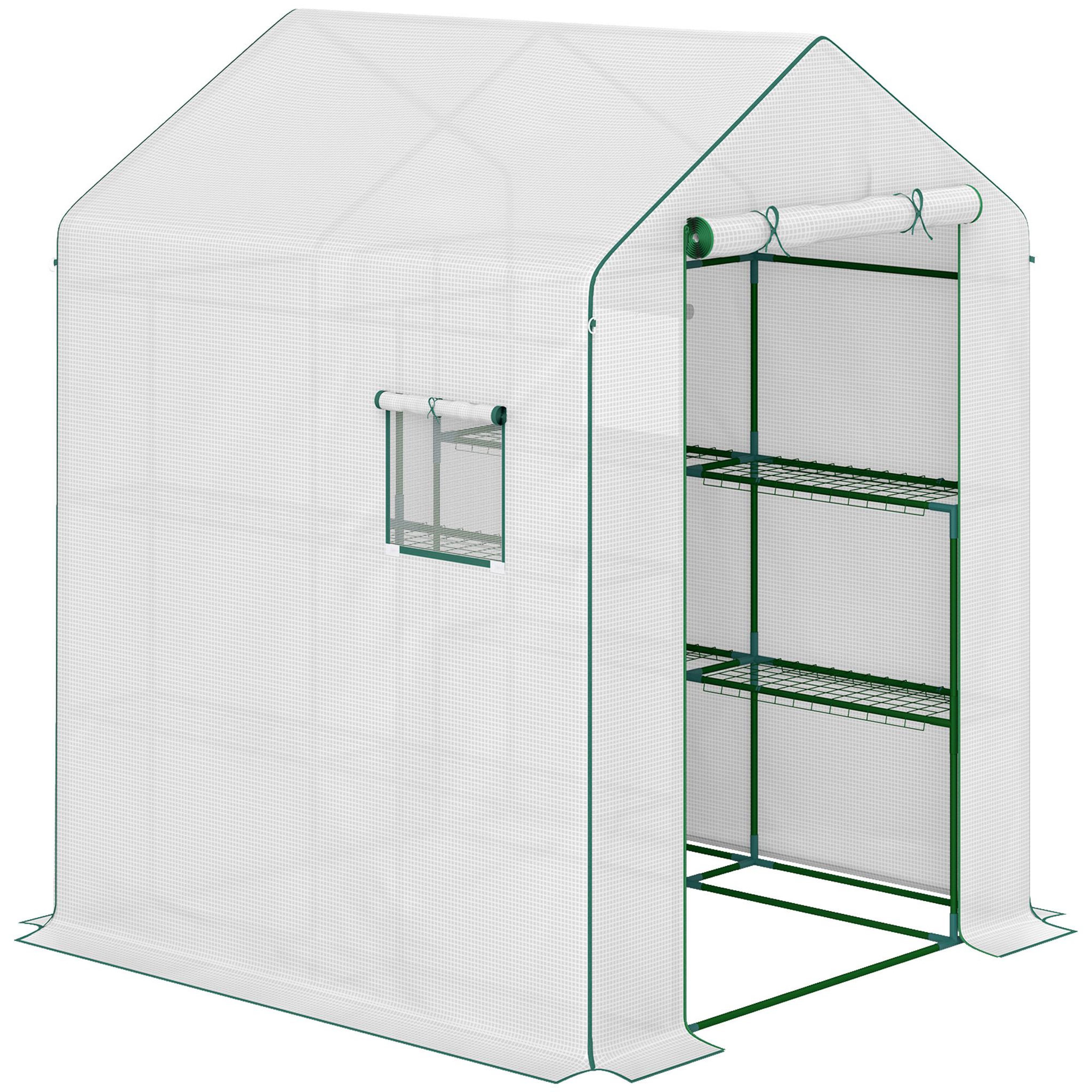 OUTSUNNY Serre de jardin 4 tablettes dim. 1,4l x 1,43l x 1,9h m porte déroulante fenêtre acier pe haute densité blanc