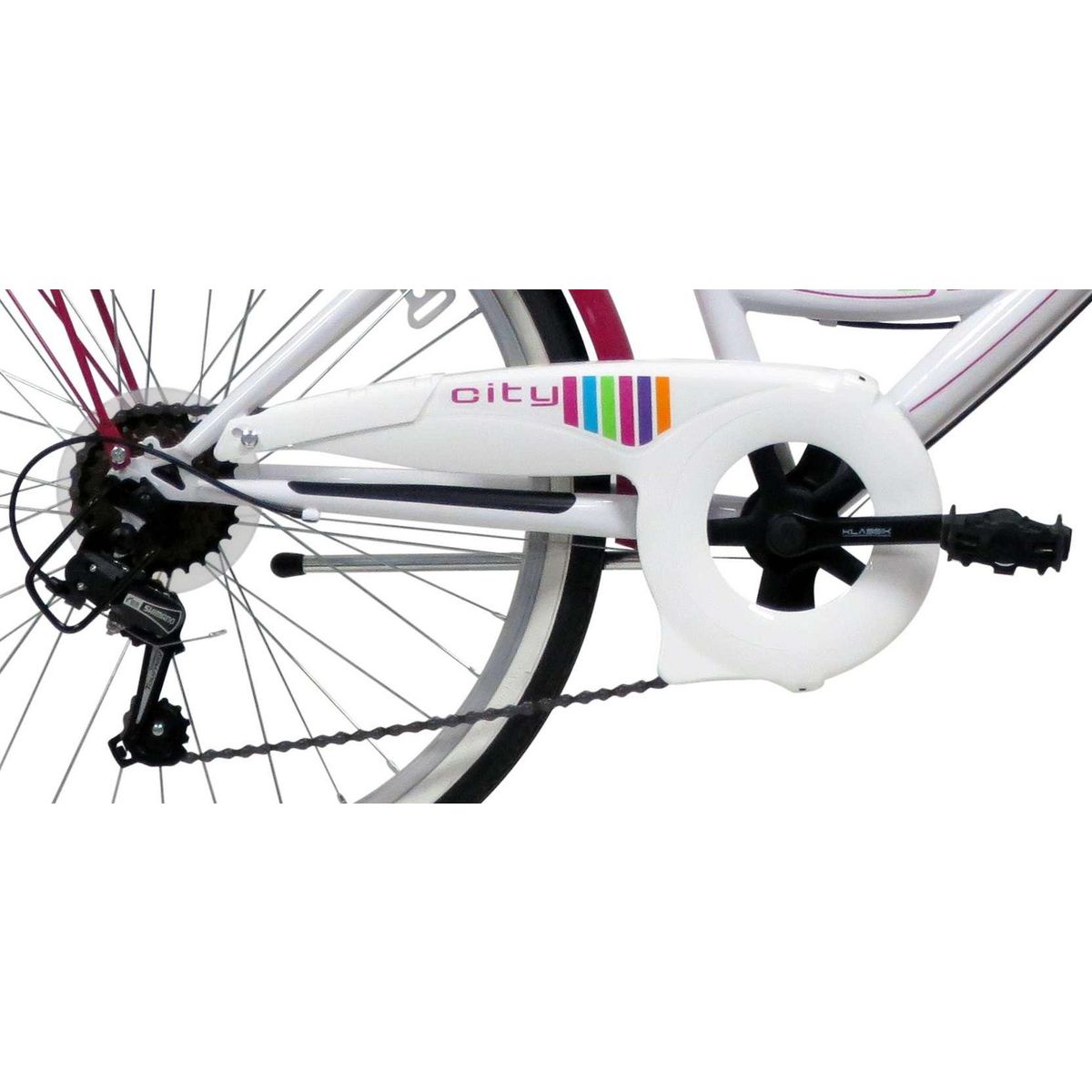 Vélo enfant (140/160 cm) - VTC 24'' Fille Acier  City - Fourche rigide - 6 vitesses - Dérailleur Shimano - Freins V-Brake - Equipé City