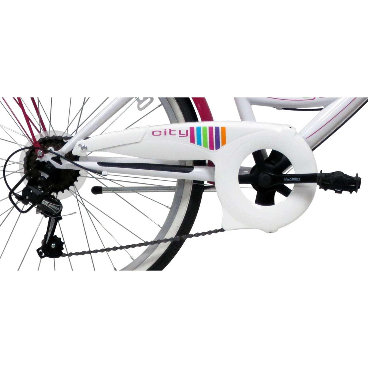 Vélo enfant (140/160 cm) - VTC 24'' Fille Acier  City - Fourche rigide - 6 vitesses - Dérailleur Shimano - Freins V-Brake - Equipé City