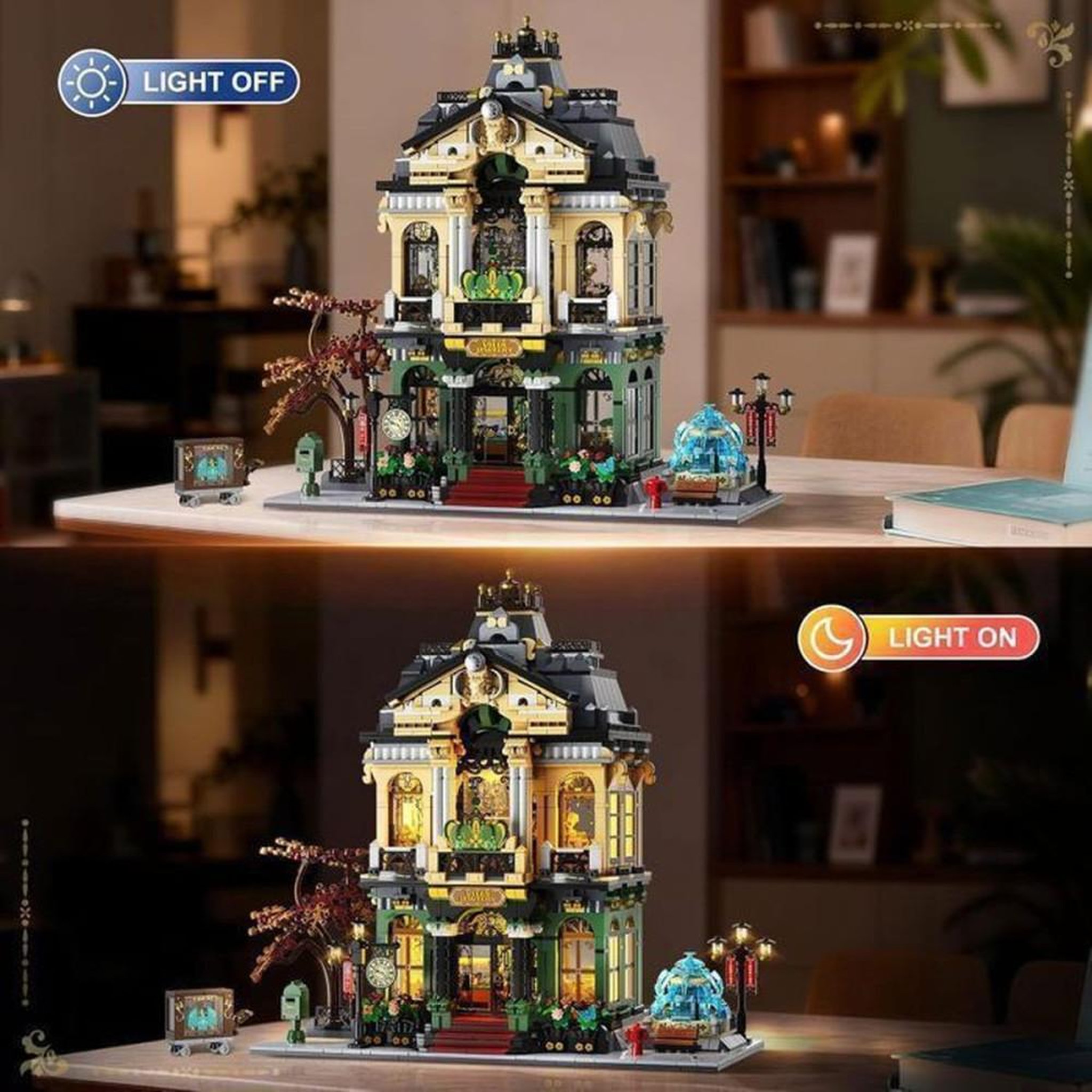 Voir la diapositive 5 : Jeu de construction modulaire Magasin de bijoux, maison urbaine à 2 étages avec LED intégrées, 1933 pièces, style européen baroque