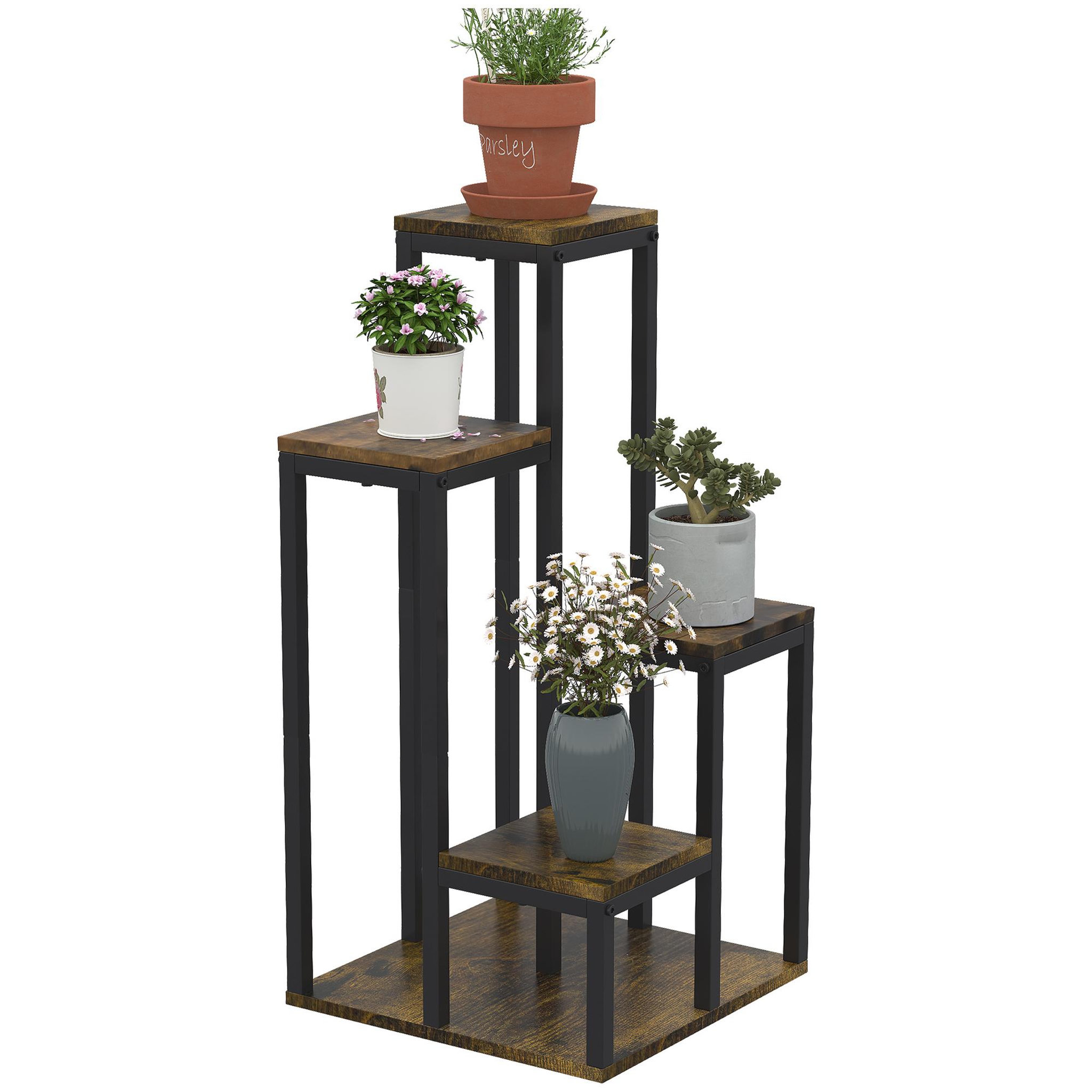 Voir la diapositive 4 : OUTSUNNY Support à fleurs style industriel 5 niveaux - porte plante 4 étagères - acier époxy noir aspect bois foncé