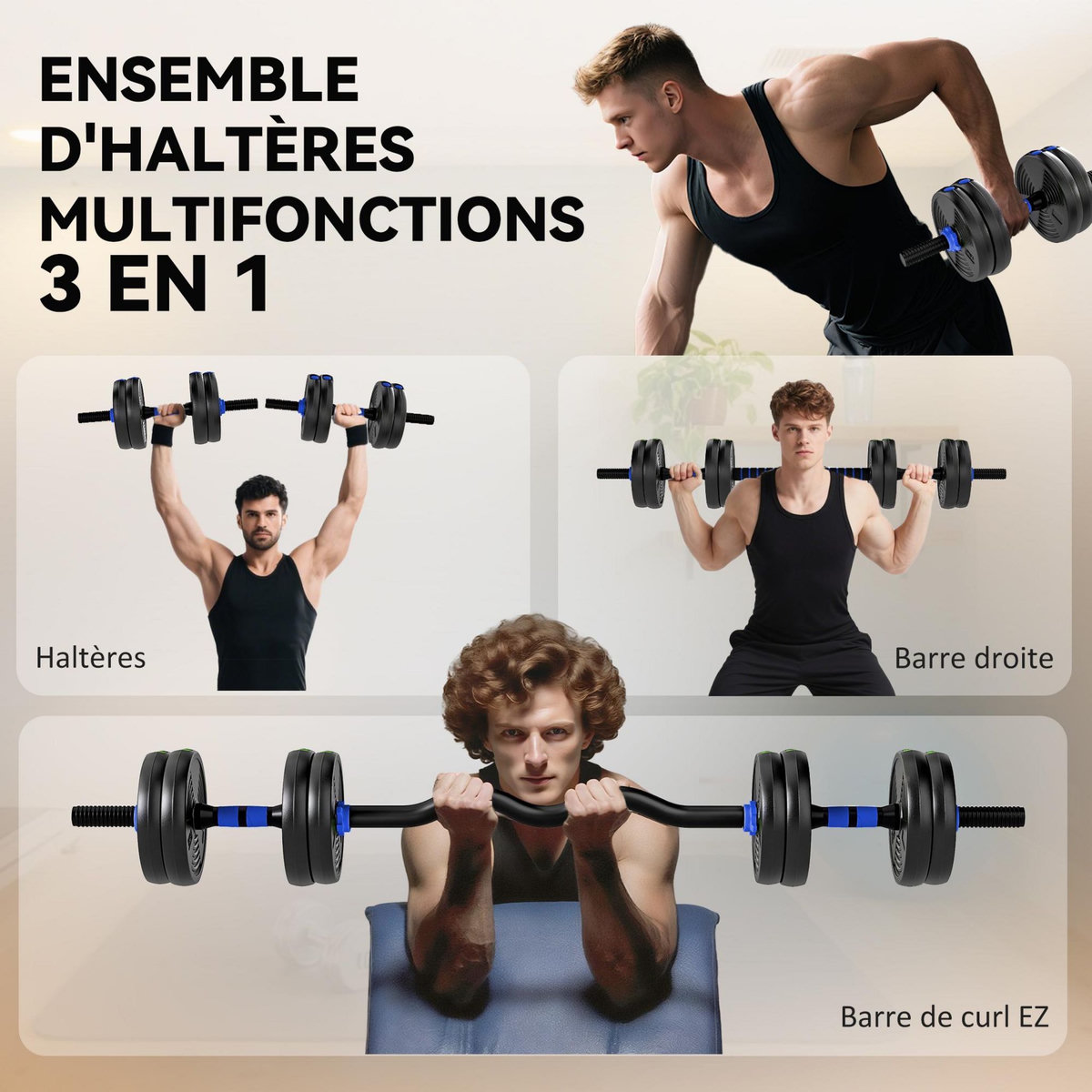 HOMCOM Ensemble d'haltères musculation multifonction 3 en 1 - haltères, Olympic barre, Curl EZ barre - total 15Kg - PVC bleu noir