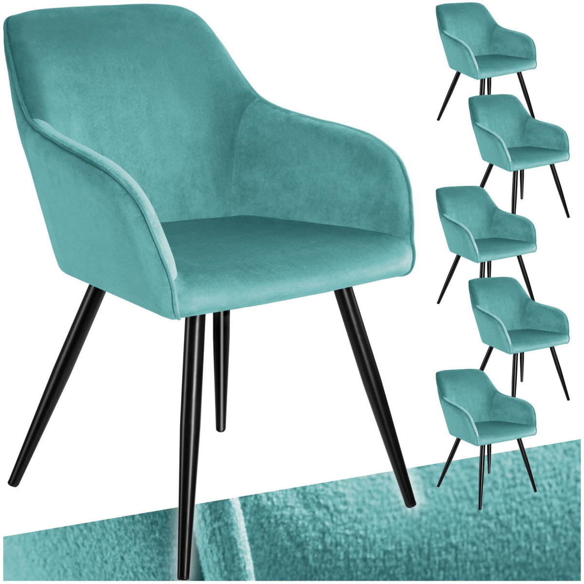 tectake Ensemble de 6 chaises rembourrées effet velours turquoise et noir