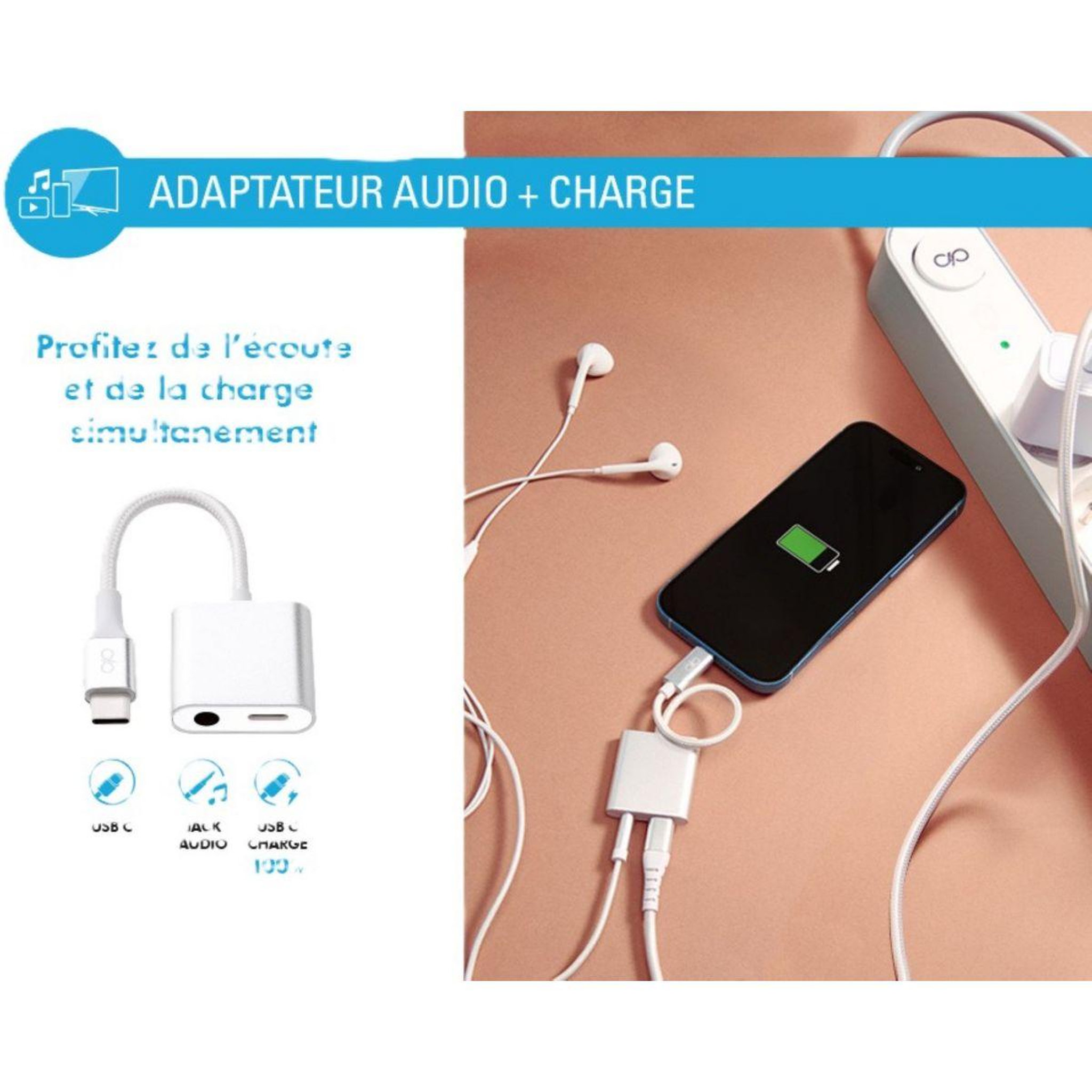 Voir la diapositive 3 : FORCE POWER Adaptateur usb c usb-c/jack 3.5+usb c 100w renforcé