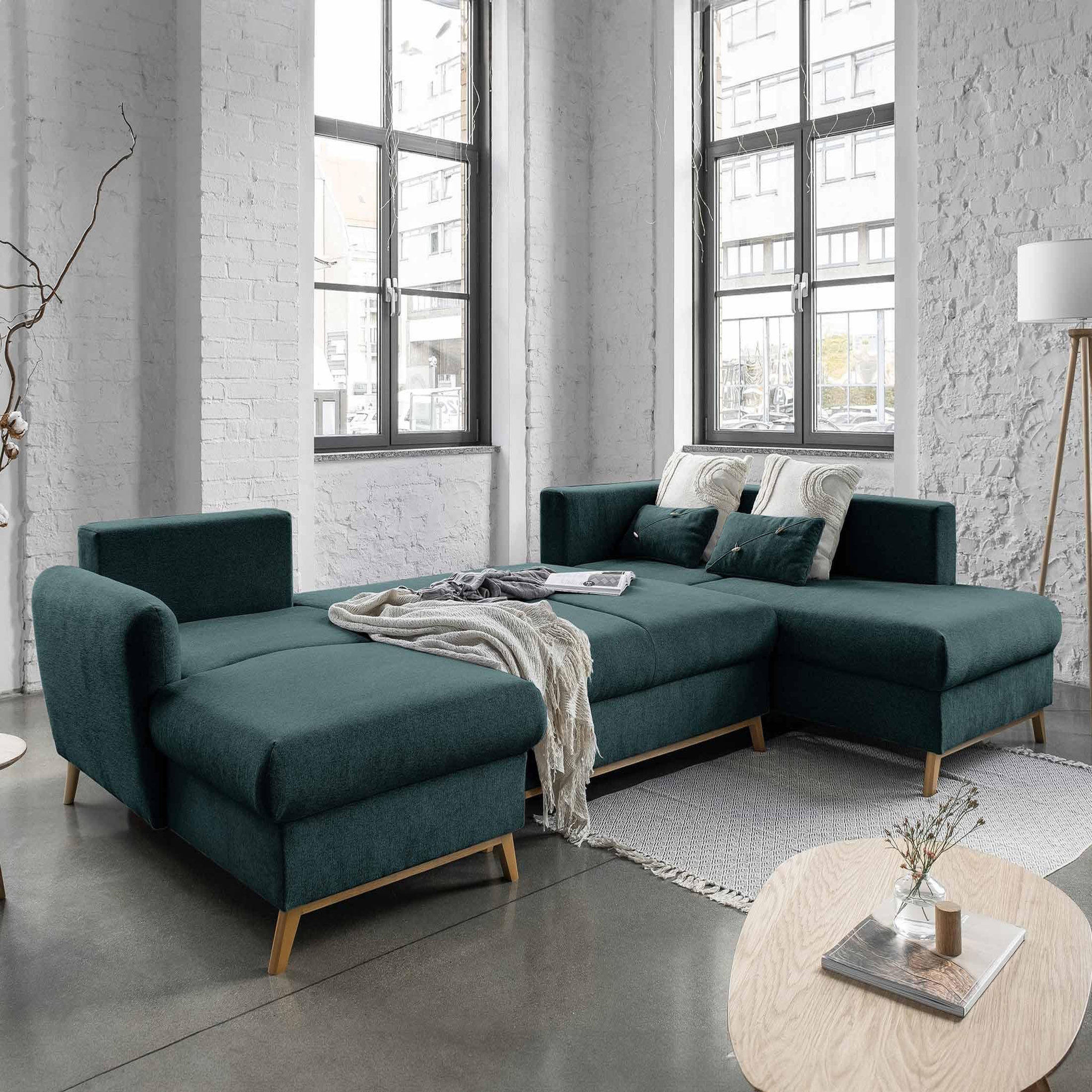 Voir la diapositive 3 : BEST MOBILIER Lagom - canapé d'angle panoramique - convertible - avec coffre - en tissu - 7 places - droit