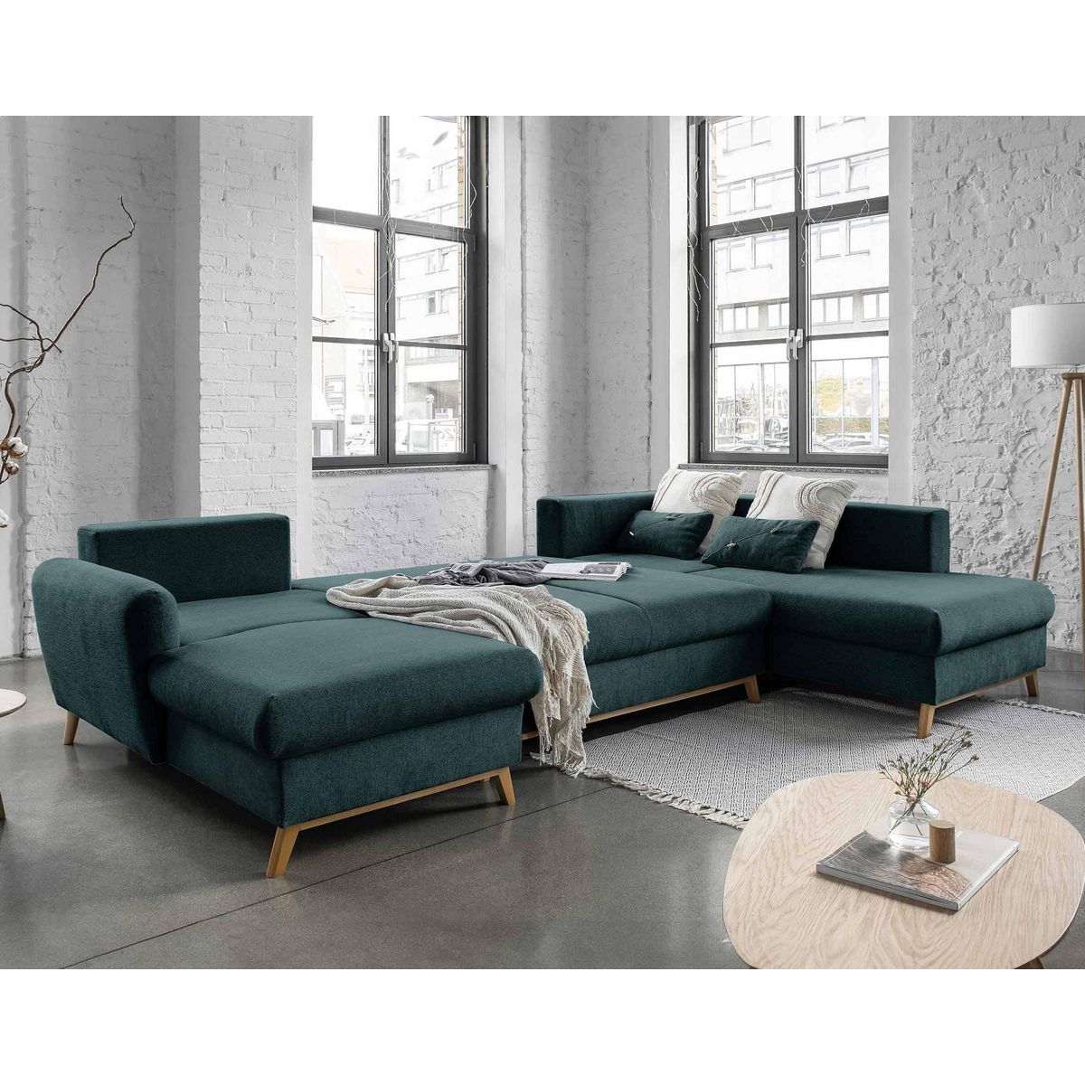 BEST MOBILIER Lagom - canapé d'angle panoramique - convertible - avec coffre - en tissu - 7 places - droit