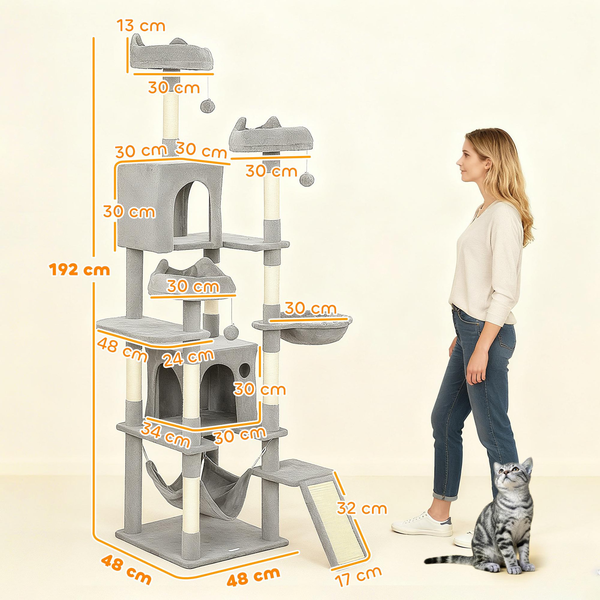 Voir la diapositive 3 : PAWHUT Arbre à chat design xxl gris clair multi-activités - zones de repos, griffoirs, grattoir - h.192 cm